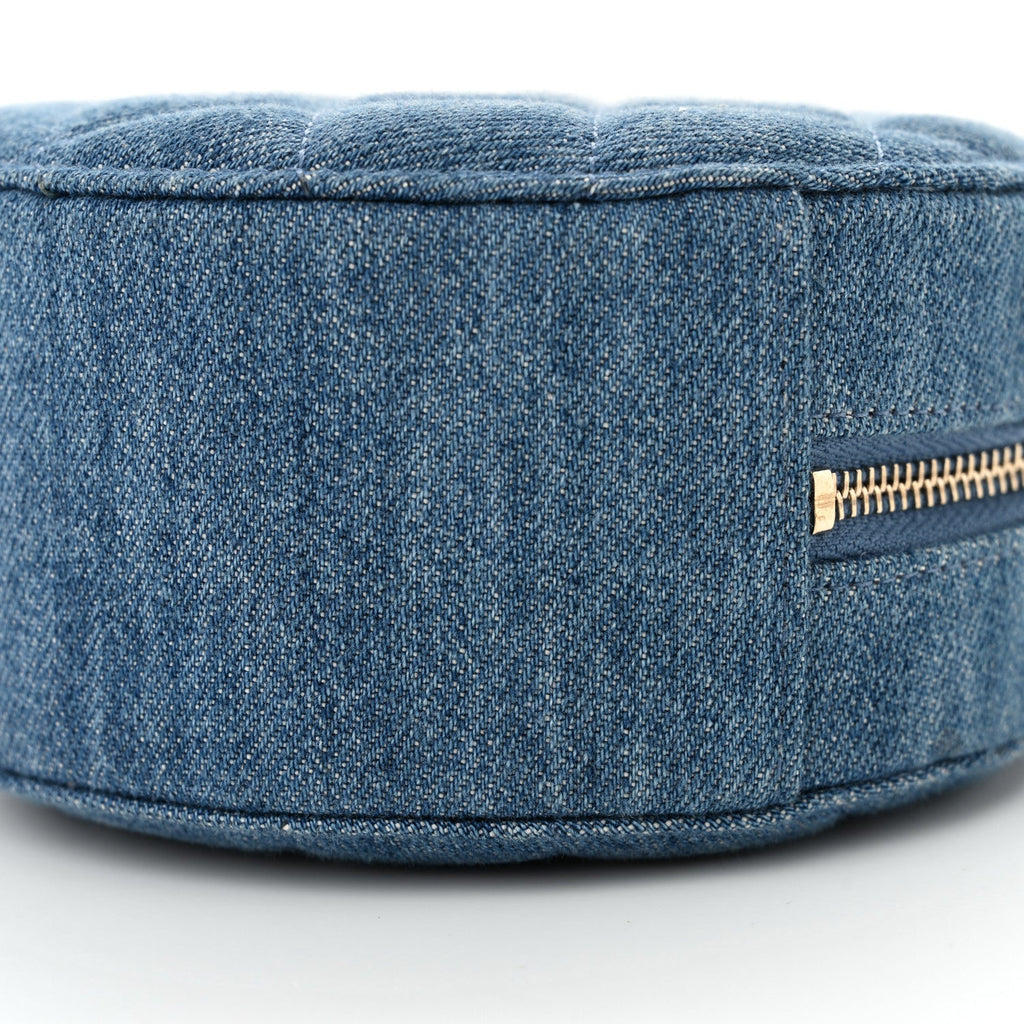 Denim Quilted Round Pearl Crush Clutch With Chain Blue
