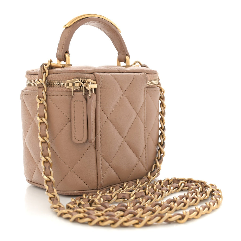 Lambskin Quilted Top Handle Mini Vanity Case With Chain Beige