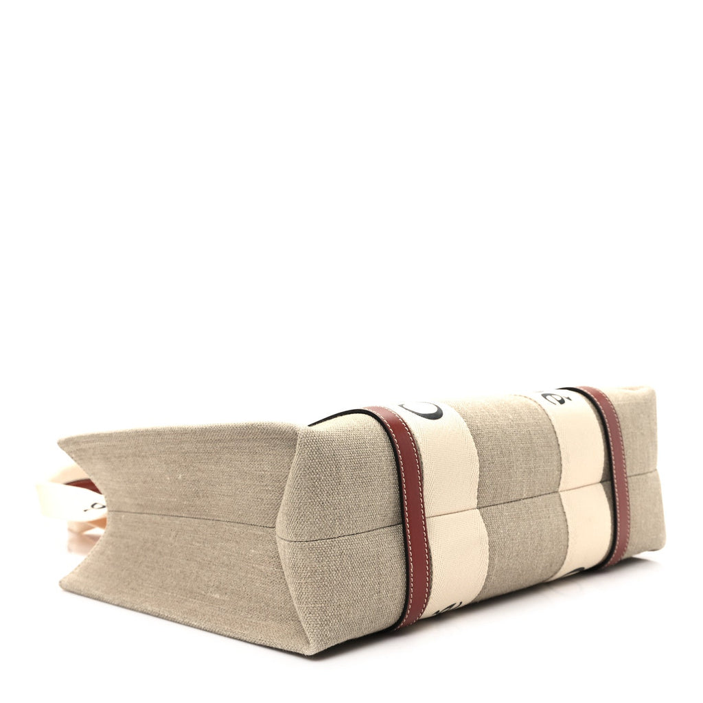 Linen Calfskin Medium Woody Ribbon Tote White Brown