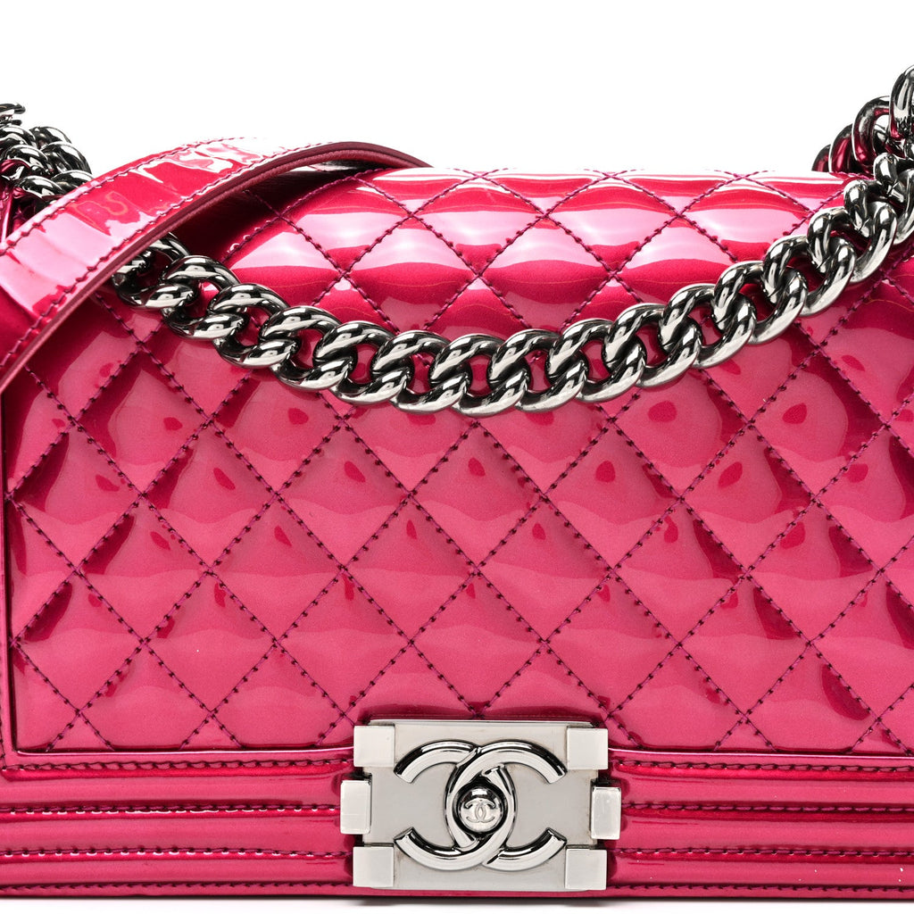 Metallic Patent Calfskin Quilted Medium Boy Flap Pink