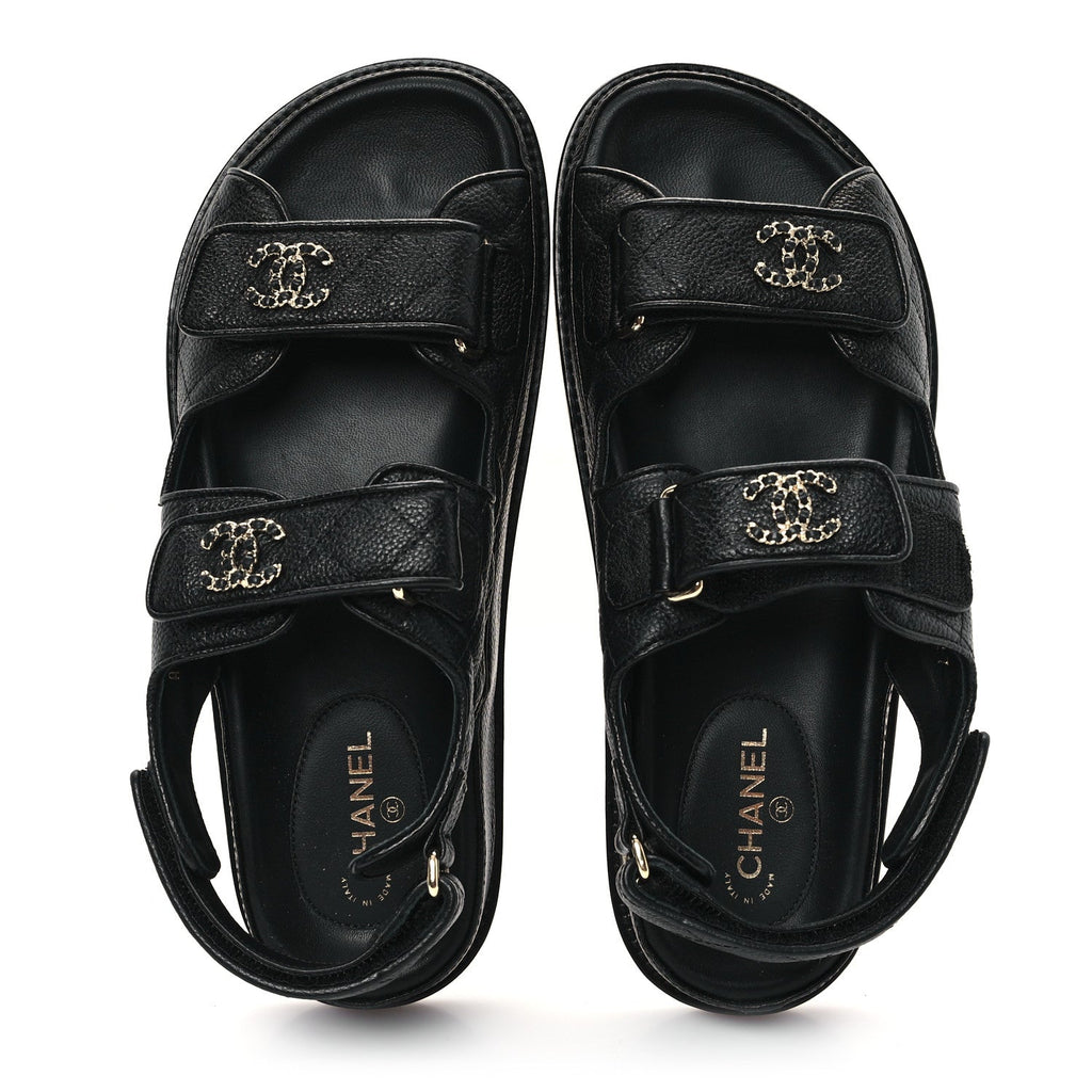 Grained Calfskin Velcro Dad Sandals 37 Black