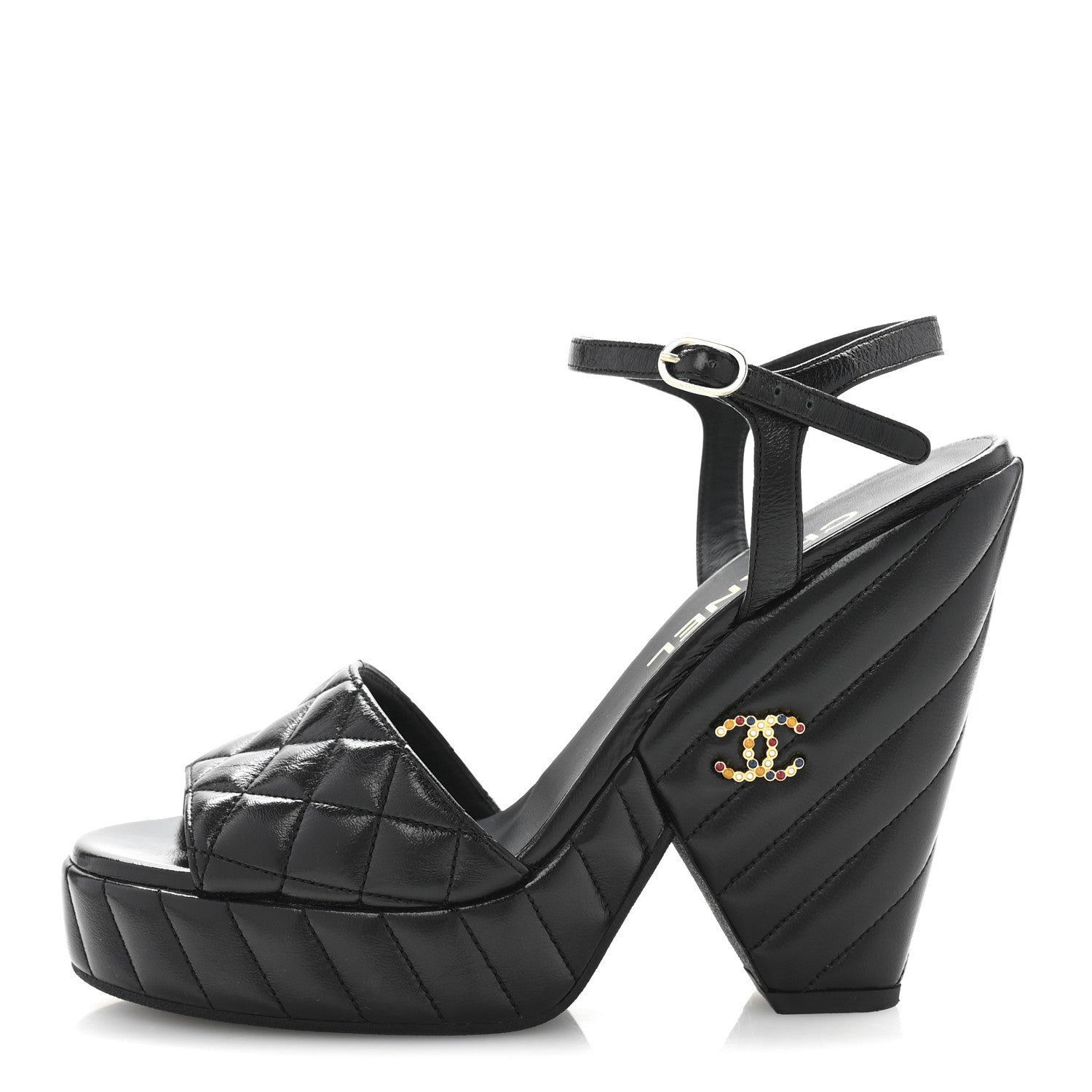 Shiny Lambskin Quilted Platform Sandals 38.5 Black