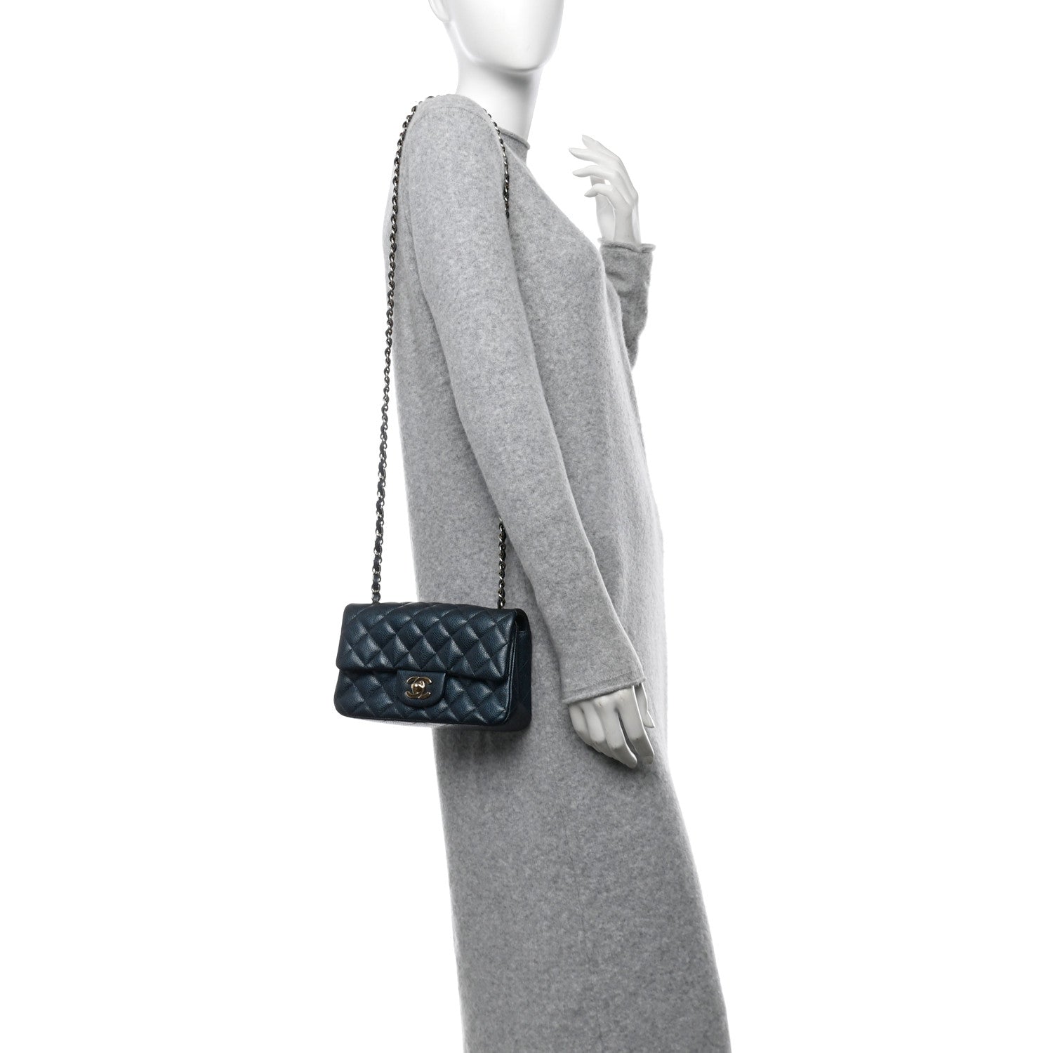 Iridescent  Caviar Quilted Mini Rectangular Flap  Dark Blue