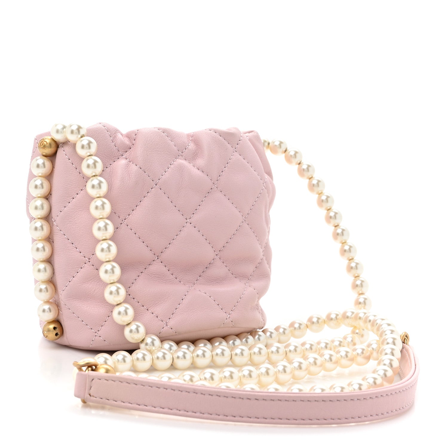 Calfskin Quilted Pearl Mini About Pearls Drawstring Bucket Light Pink