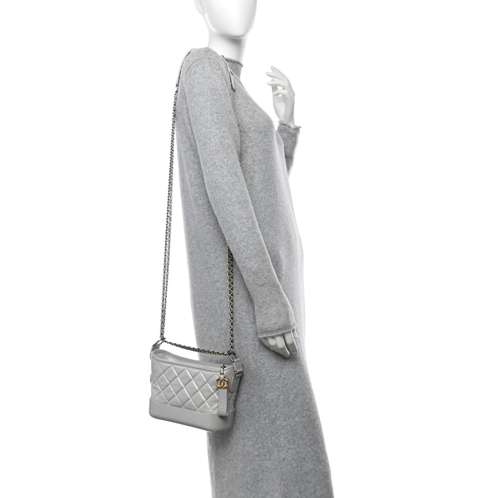 Metallic Aged Calfskin Quilted Small Gabrielle Hobo Light Silver