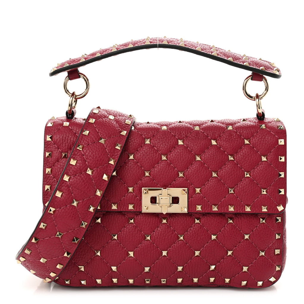 Grained Calfskin Medium Rockstud Spike Shoulder Bag Berry Pink