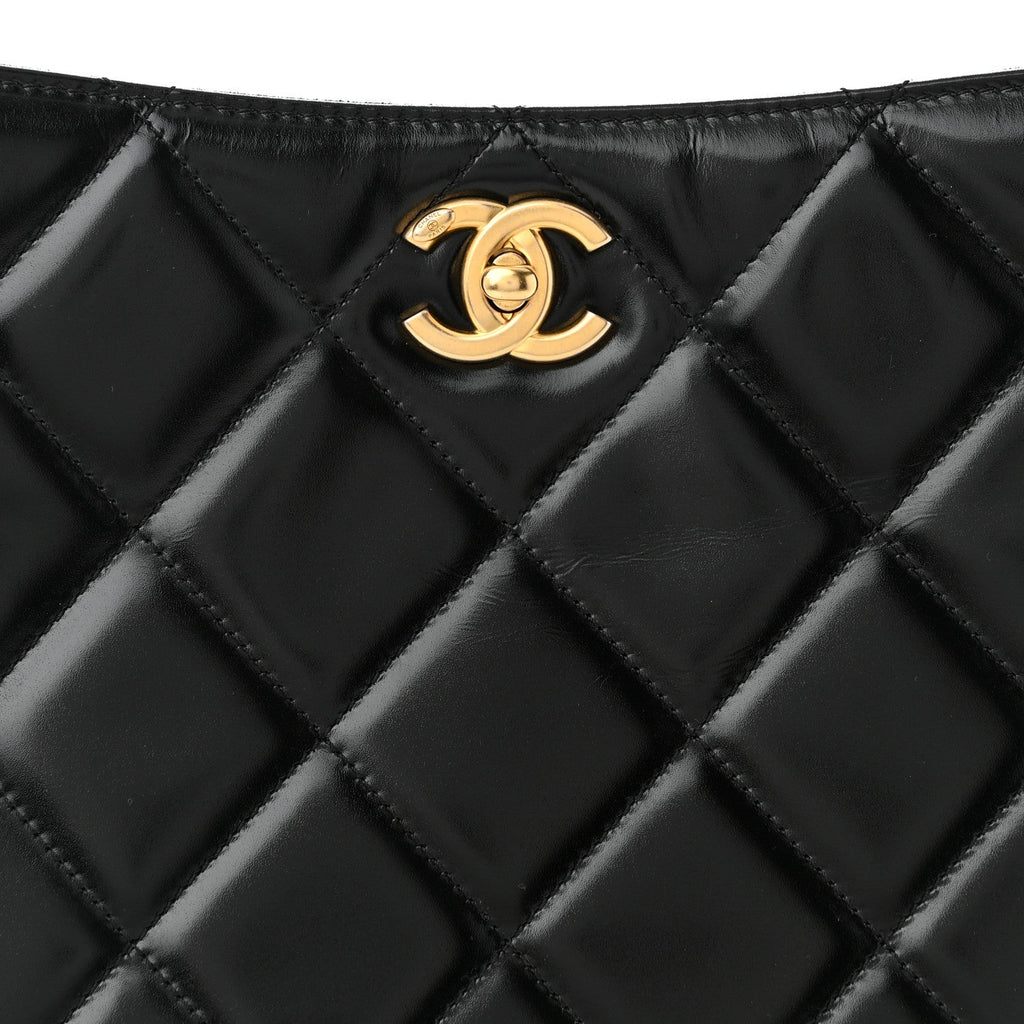 Shiny Calfskin Suede Goatskin Quilted Hobo Black