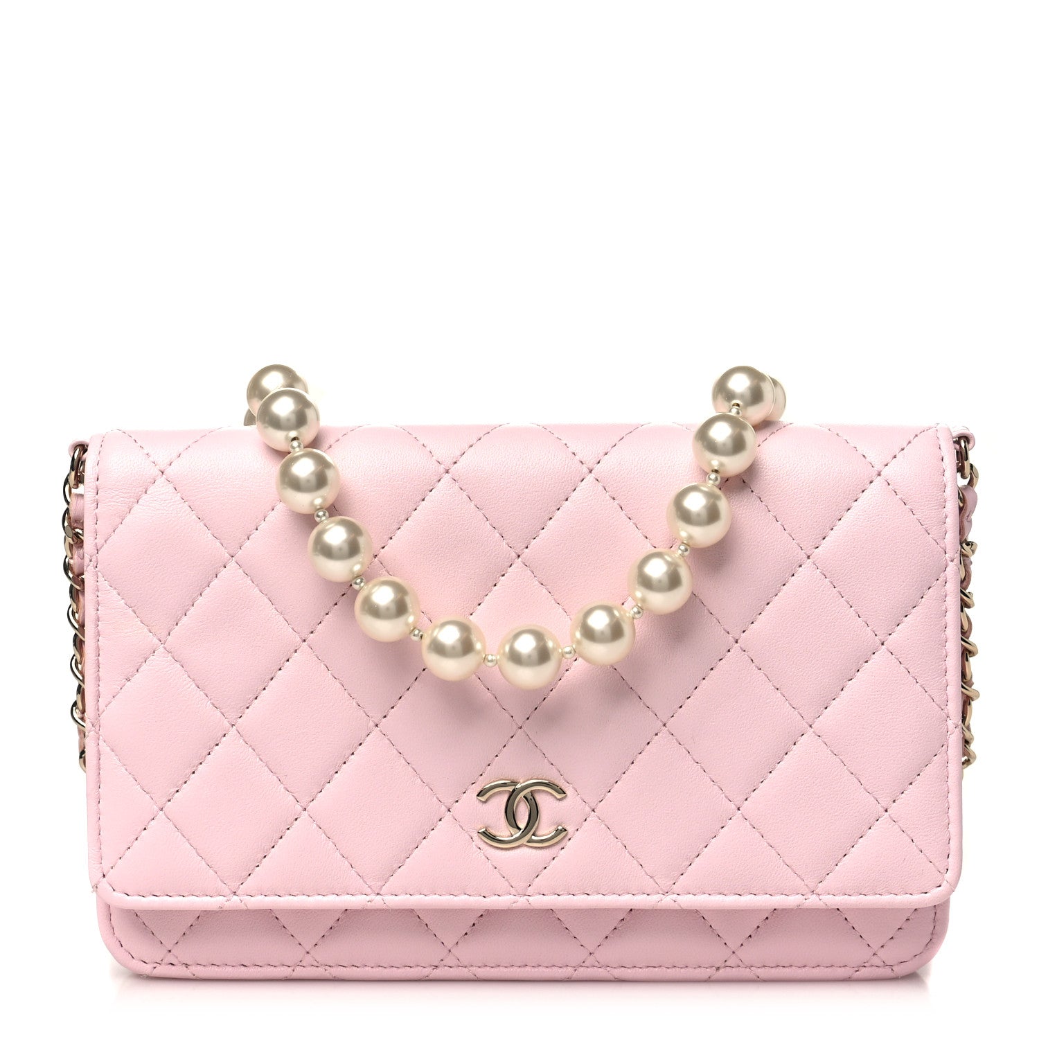 Lambskin Quilted Pearl Wallet On Chain WOC Pink