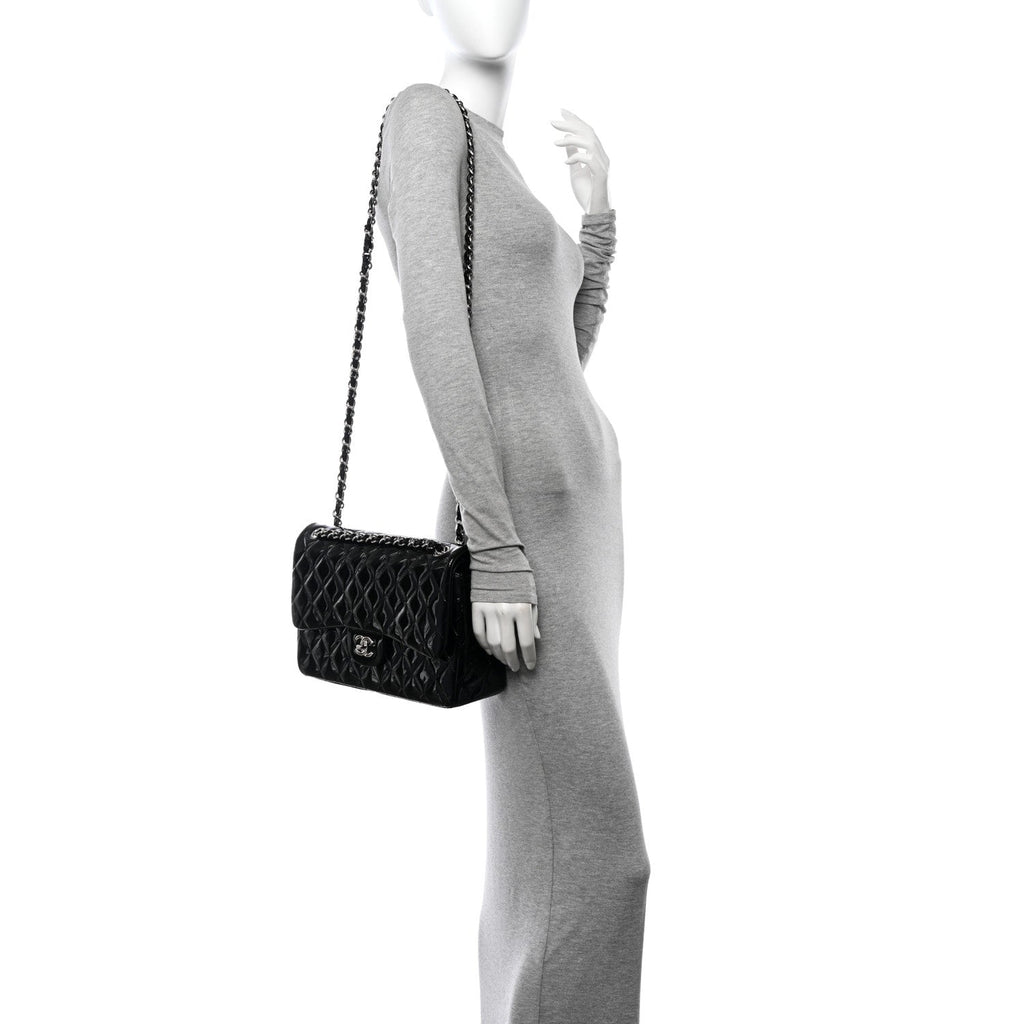 Patent Quilted Jumbo Double Flap Black