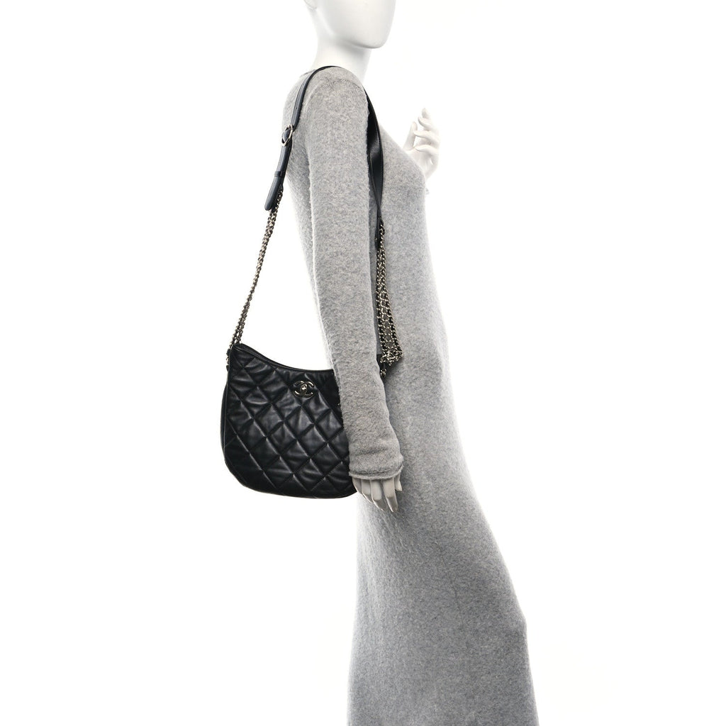 Lambskin Chain Rows Quilted Chain Hobo Black