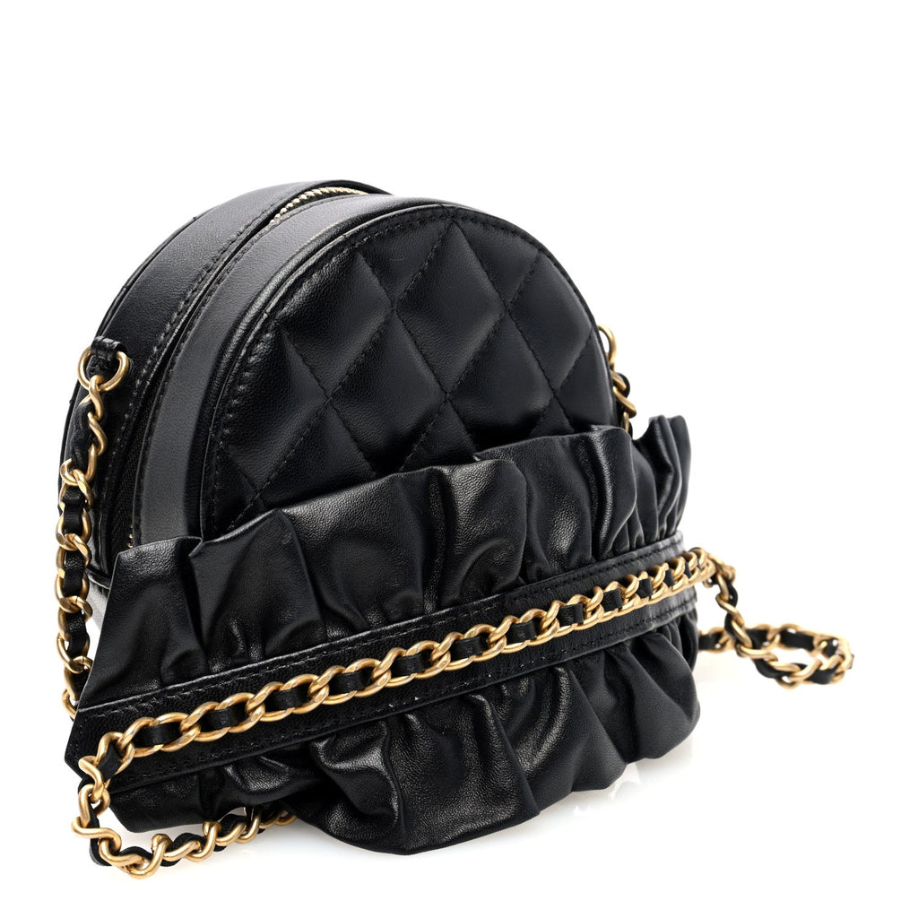 Lambskin Quilted Romance Round Clutch With Chain Black