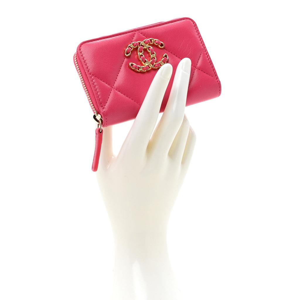 Shiny Goatskin Quilted 19 Zip Around Coin Purse Wallet Dark Pink