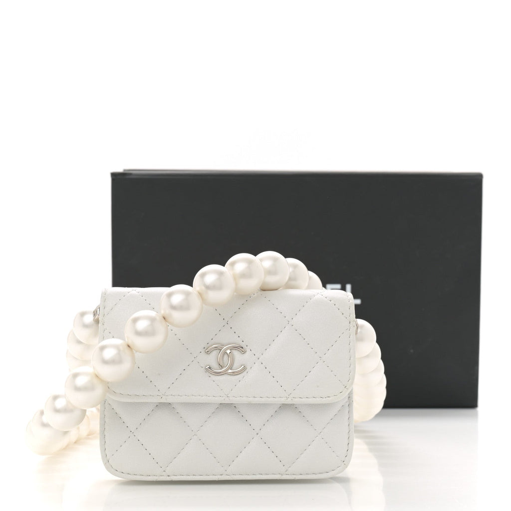 Iridescent Calfskin Quilted Mini Maxi Pearls Wallet On Chain WOC White