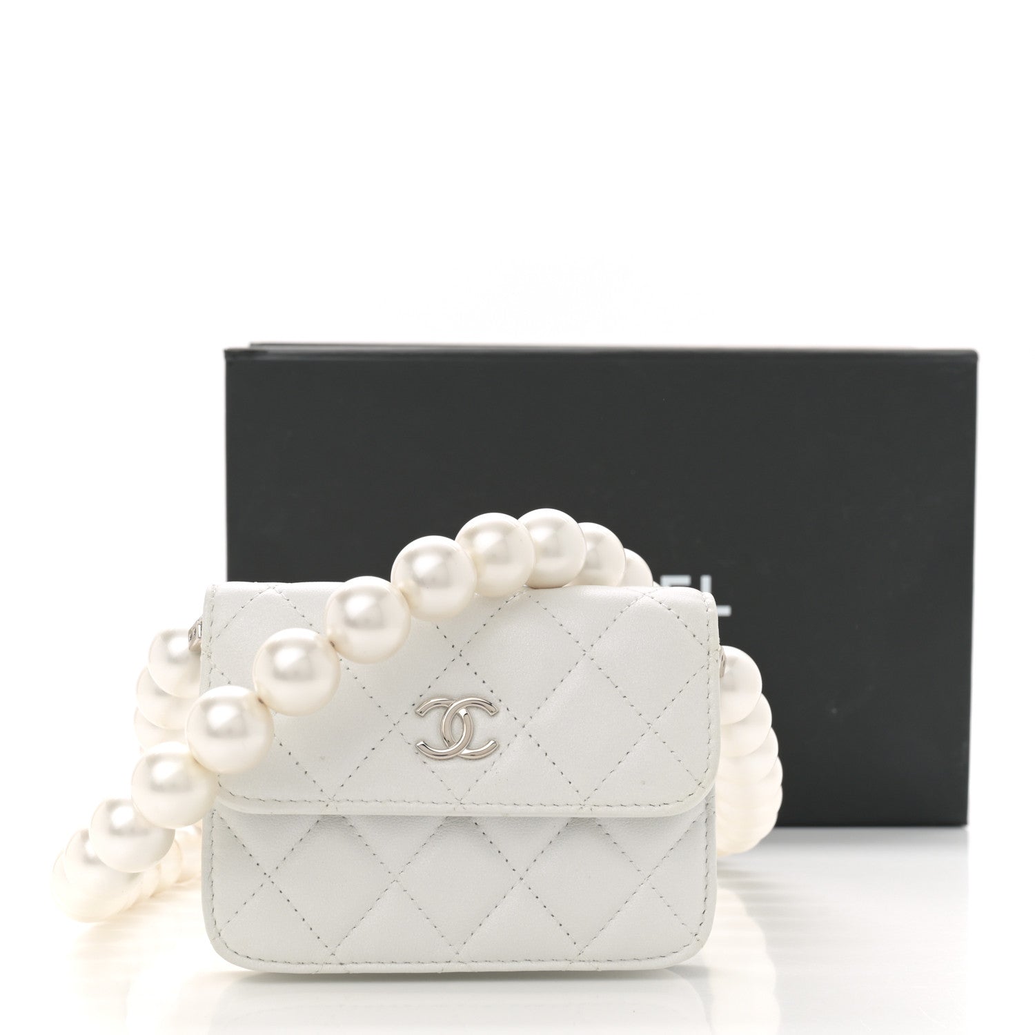 Iridescent Calfskin Quilted Mini Maxi Pearls Wallet On Chain WOC White