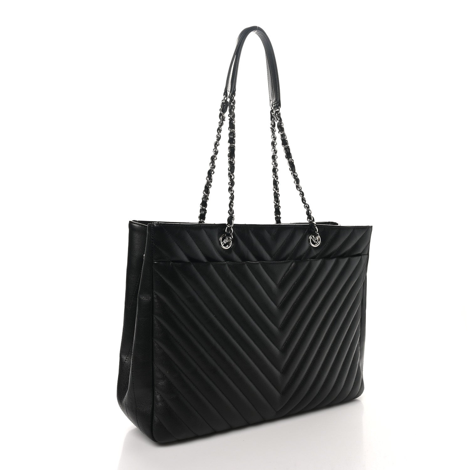 Caviar Chevron Quilted Large Shopping Tote Black