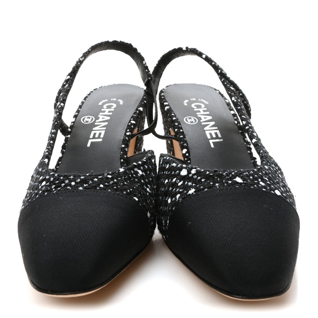 Tweed Grosgrain Cap Toe CC Slingback Pumps 37 Black White