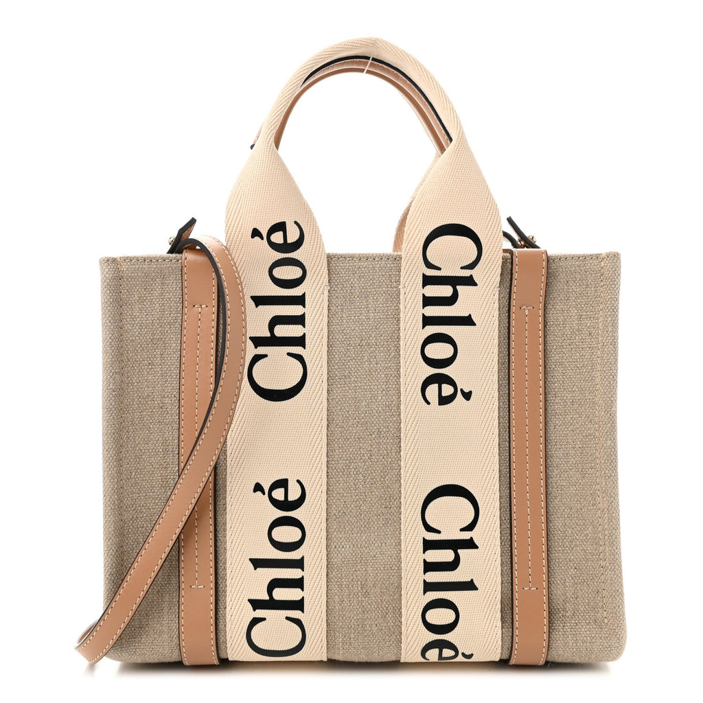 Linen Calfskin Small Woody Ribbon Tote With Strap White Light Brown