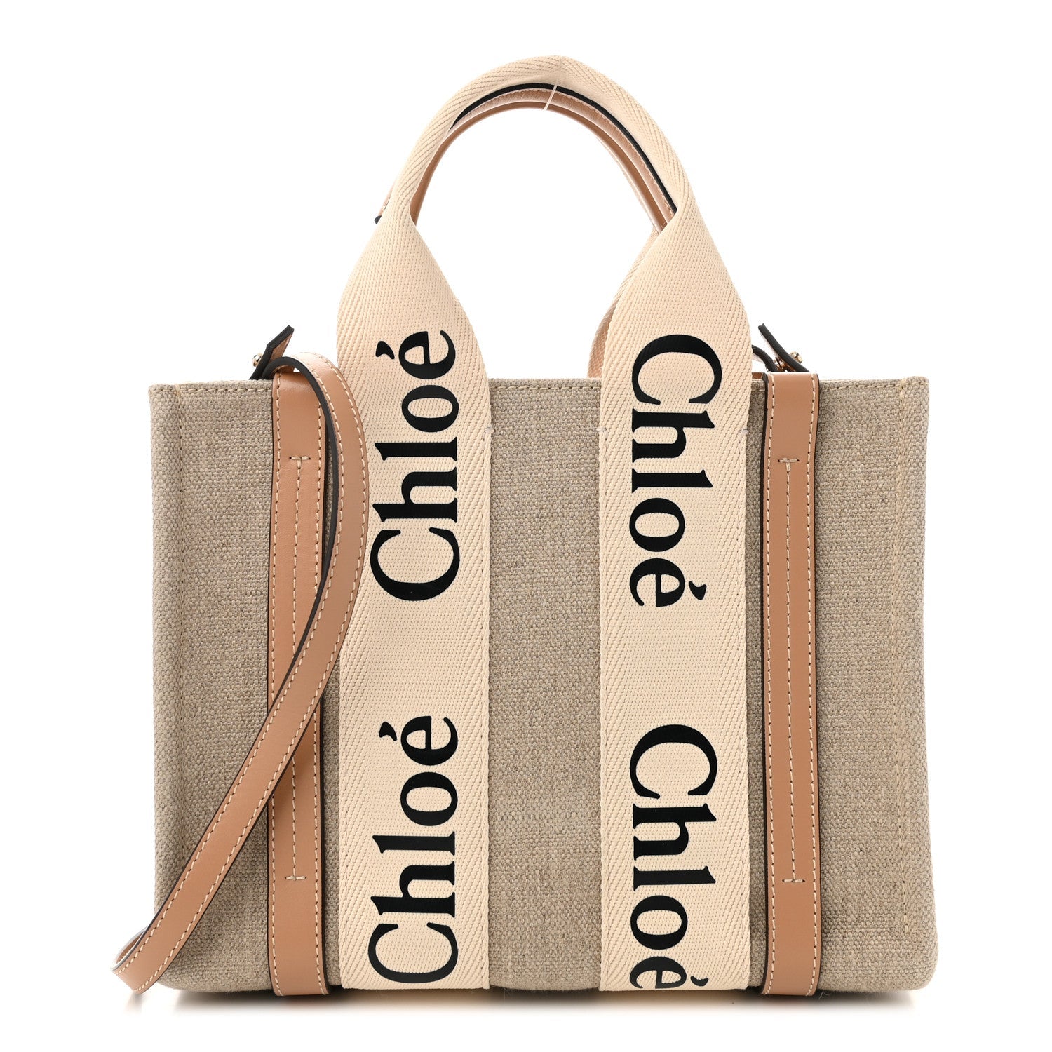Linen Calfskin Small Woody Ribbon Tote With Strap White Light Brown
