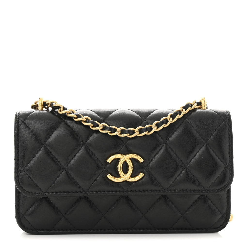 Lambskin Quilted Dynasty Flap Phone Holder With Chain Black