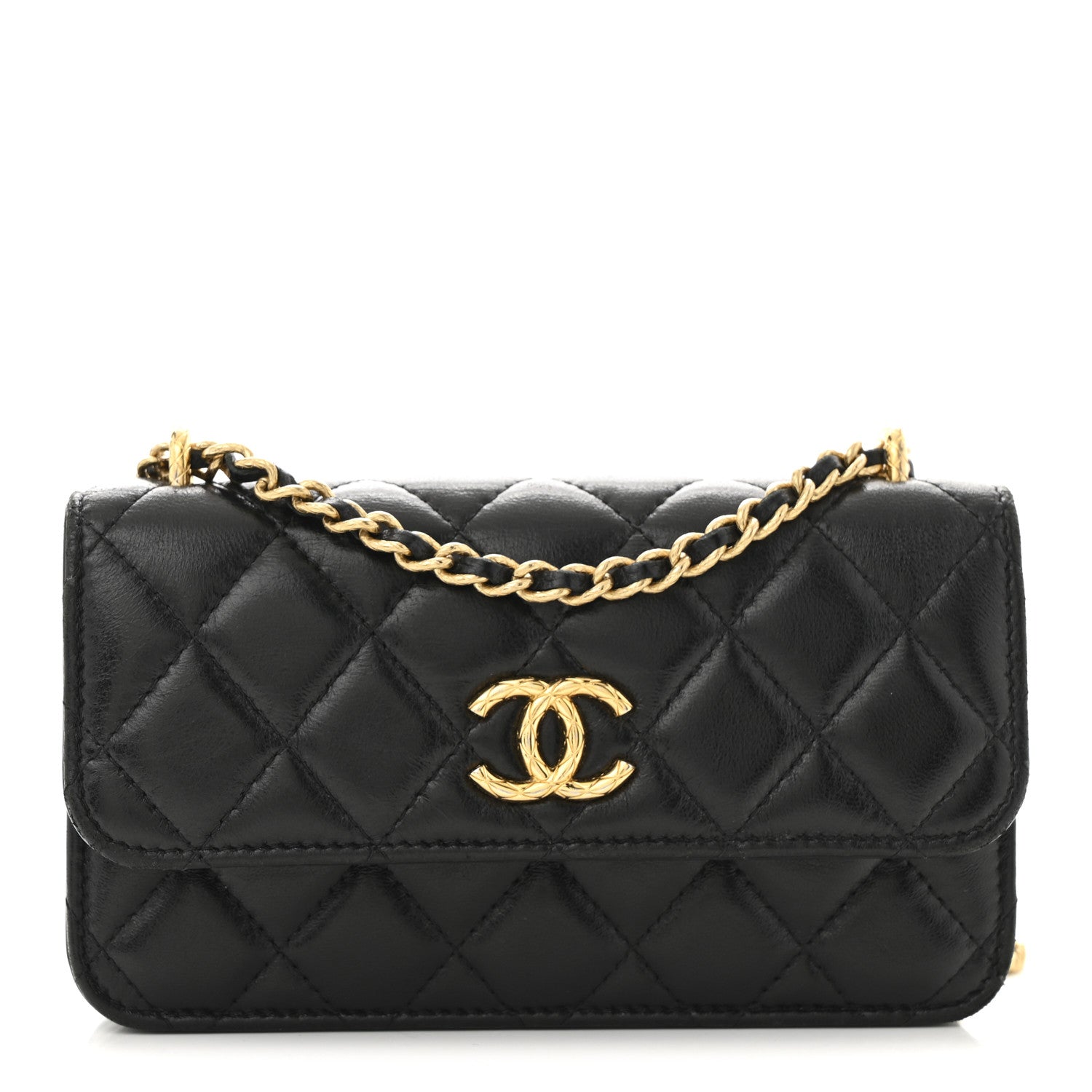 Lambskin Quilted Dynasty Flap Phone Holder With Chain Black