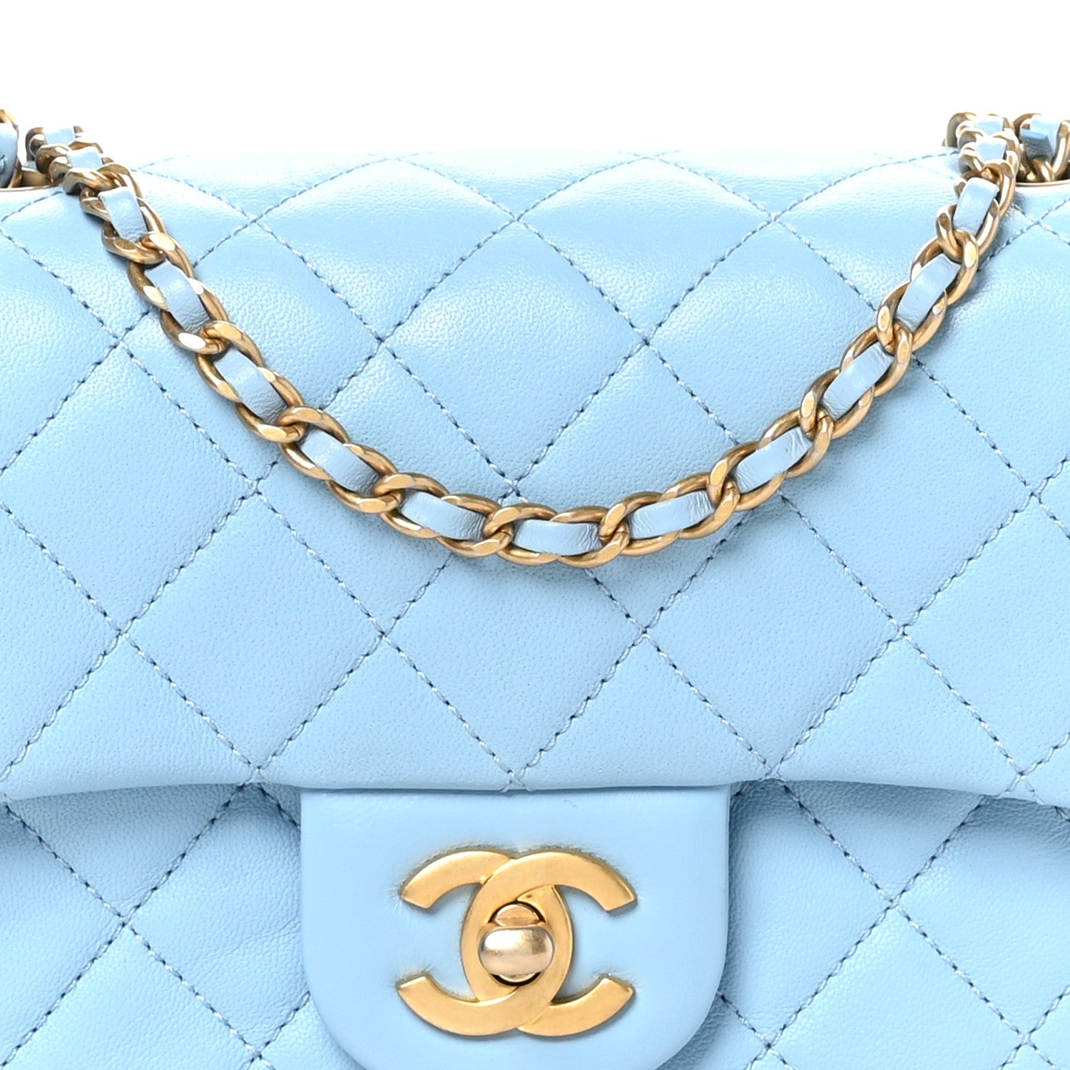Lambskin Quilted Mini Pearl Crush Flap Light Blue