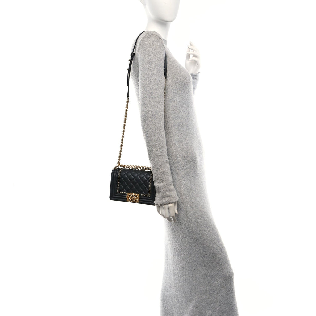 Lambskin Quilted Small Chain Around Boy Flap Black