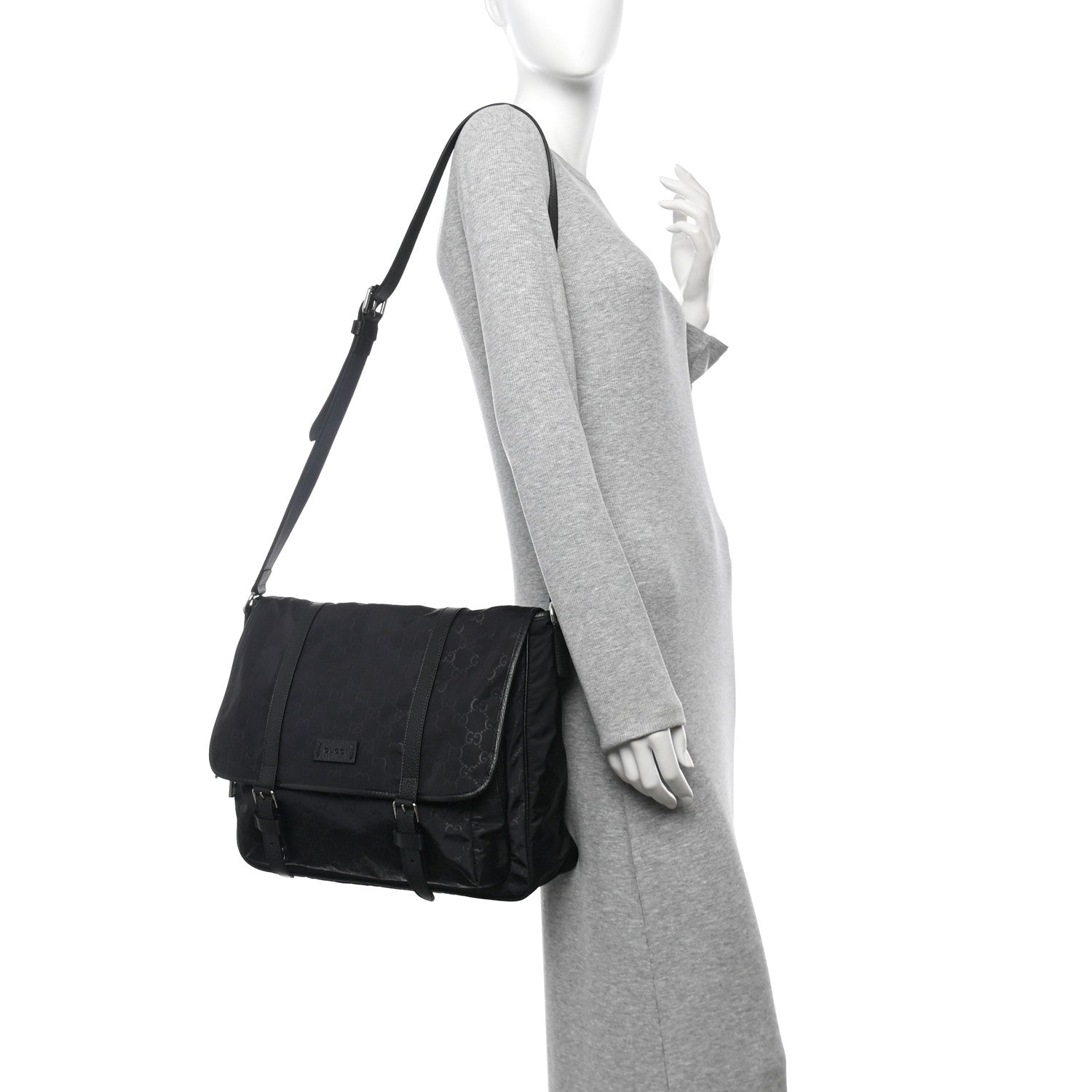 Nylon Monogram Double Buckle Flap Messenger Bag Black