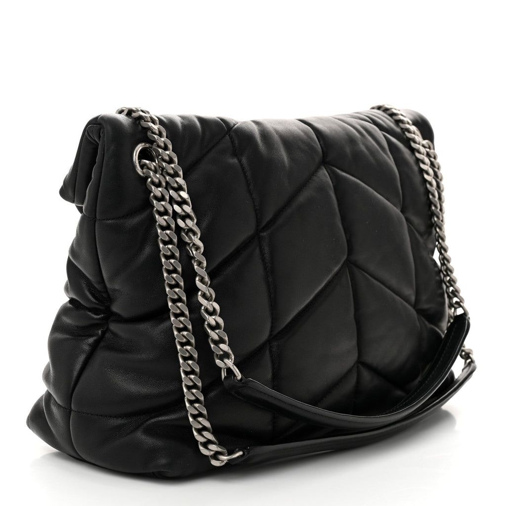 Lambskin Quilted Medium Loulou Puffer Monogram Chain Satchel Black