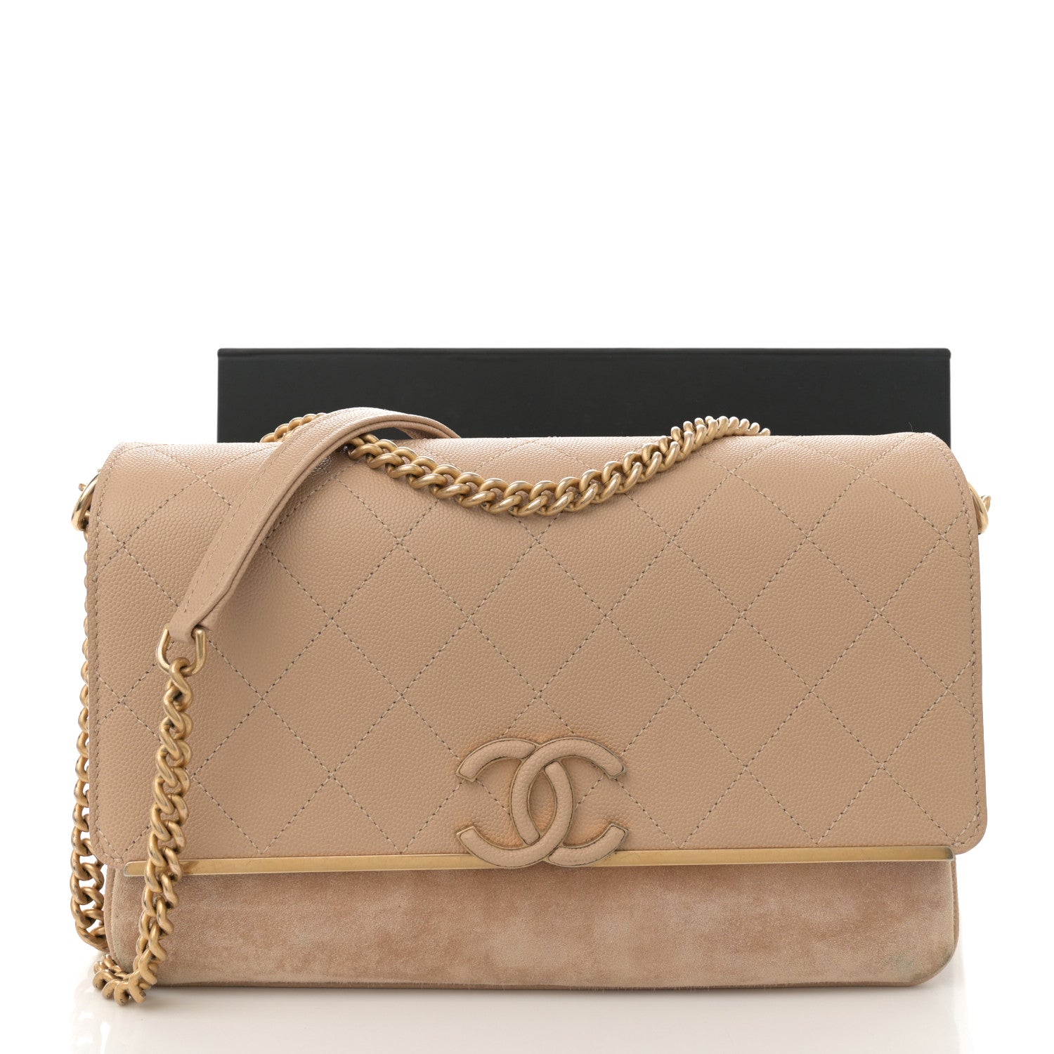Grained Calfskin Stitched Enamel CC Flap Bag Beige