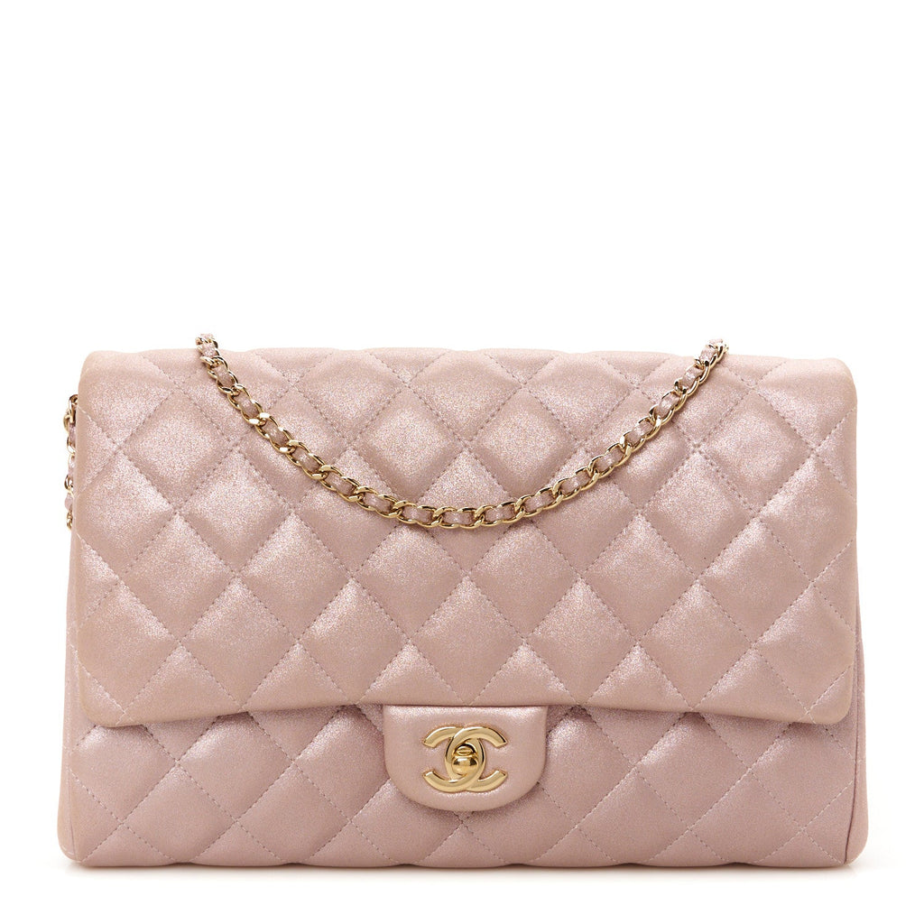 Iridescent Calfskin Quilted Clutch With Chain Flap Pink