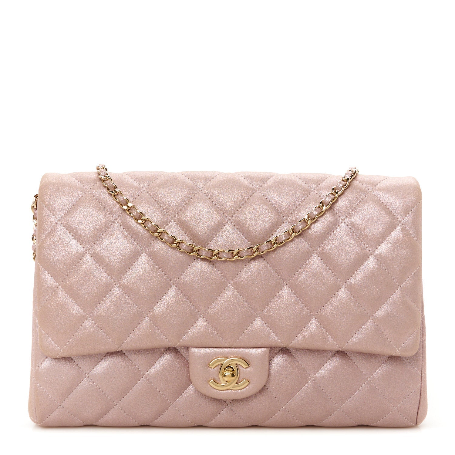 Iridescent Calfskin Quilted Clutch With Chain Flap Pink
