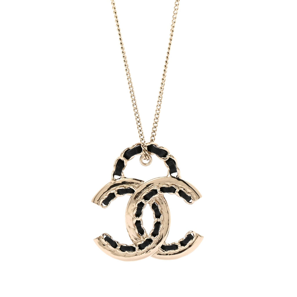 Metal Lambskin CC Pendant Necklace Black Gold