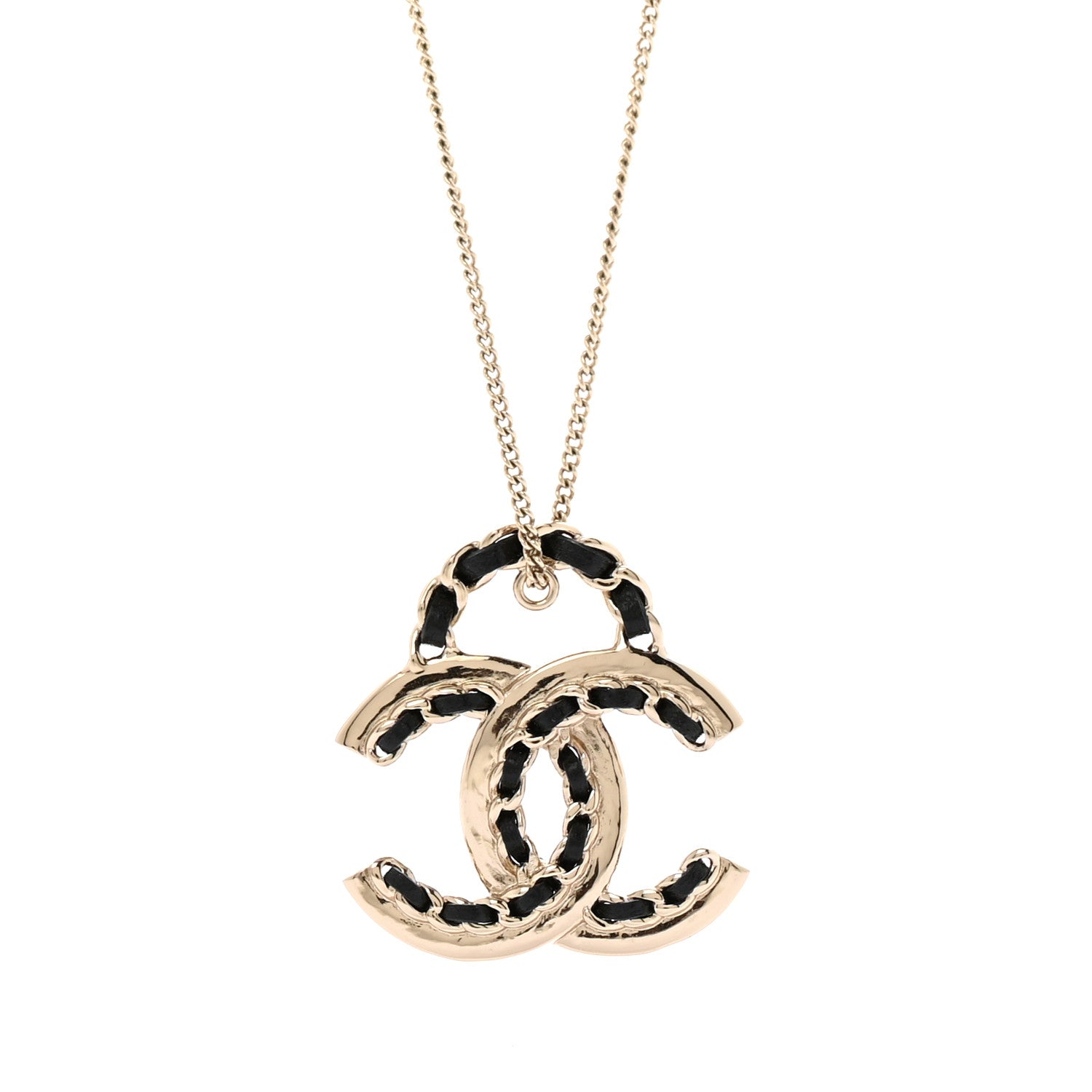 Metal Lambskin CC Pendant Necklace Black Gold