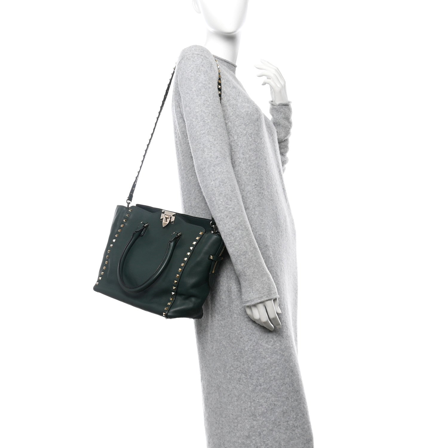 Vitello Rockstud Double Handle Tote  Smeraldo