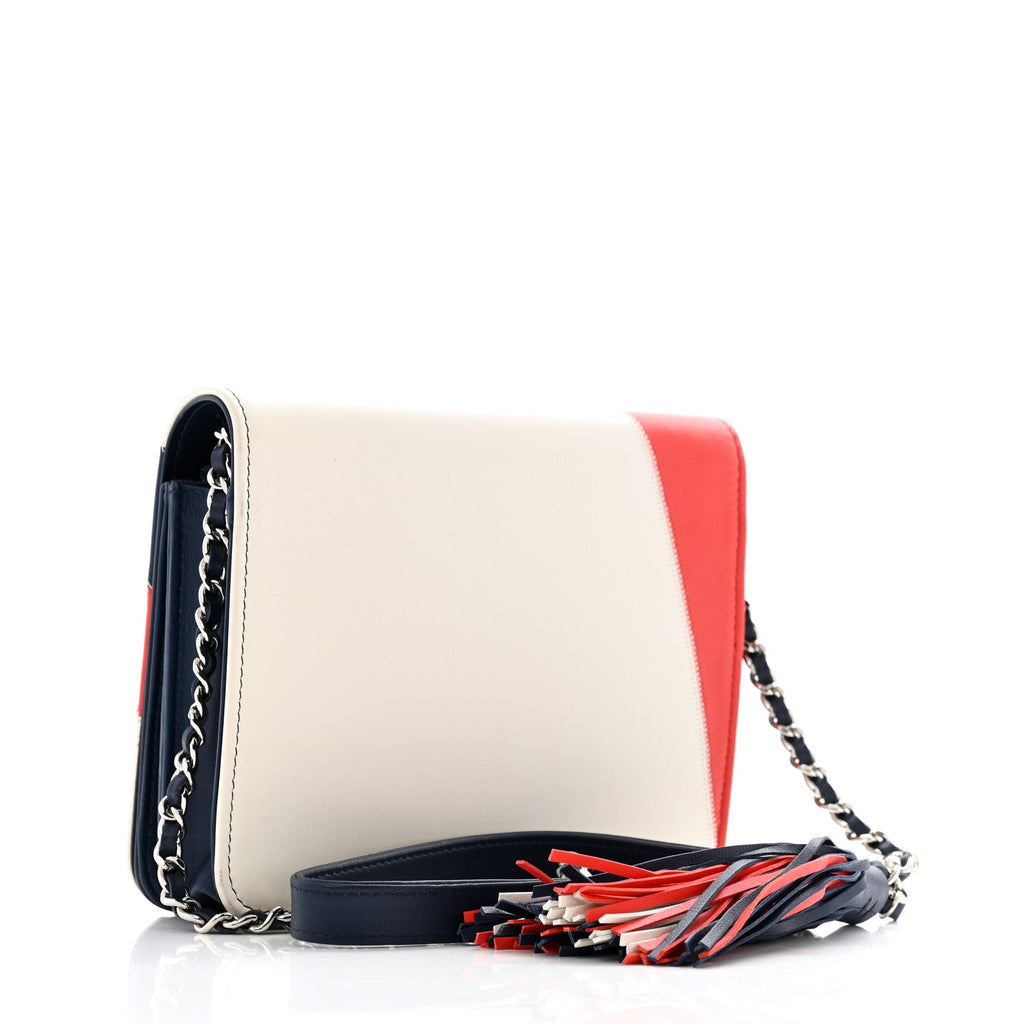 Lambskin Patchwork CC Tassel Crossbody Bag White Blue Red