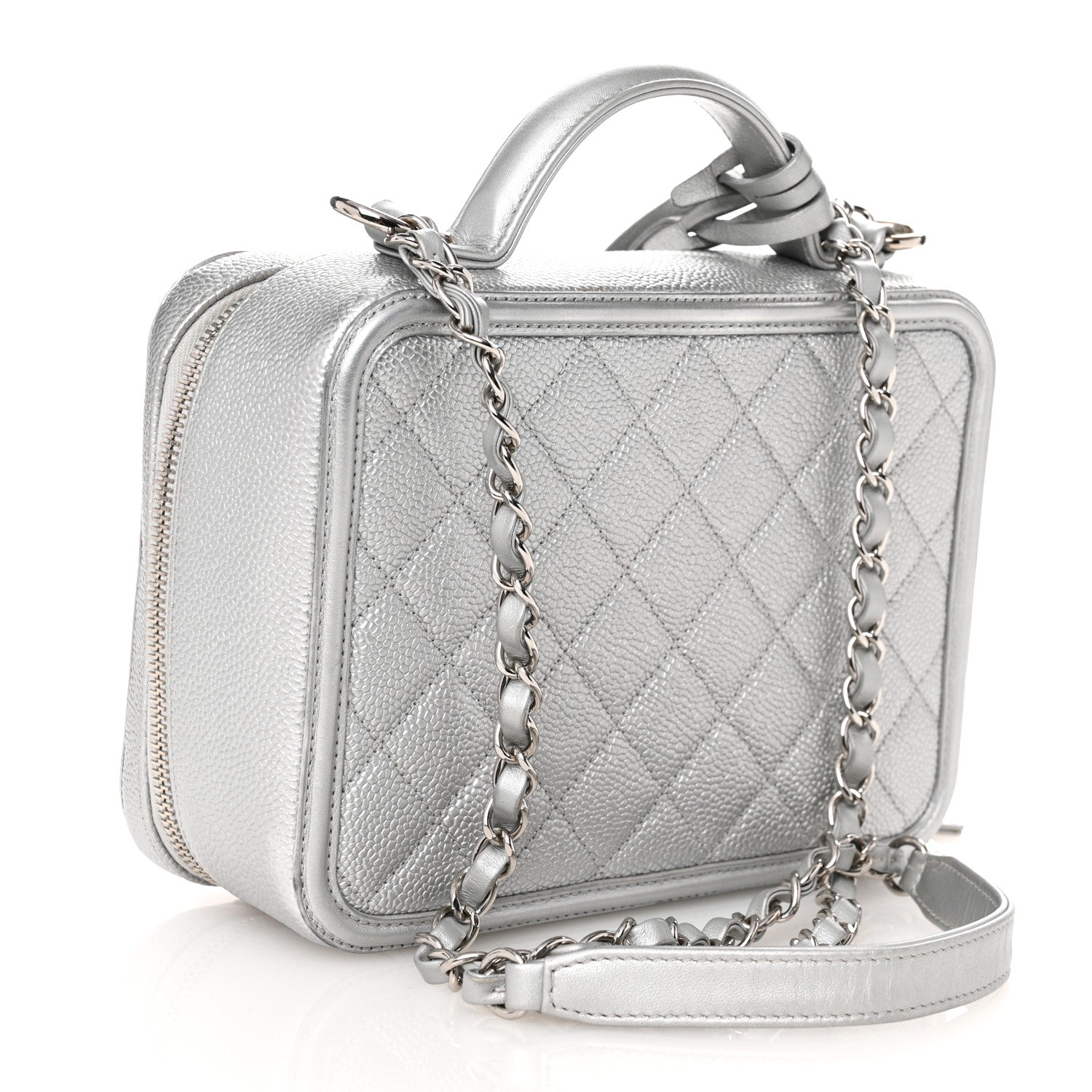Metallic Caviar Quilted Medium CC Filigree Vanity Case Silver