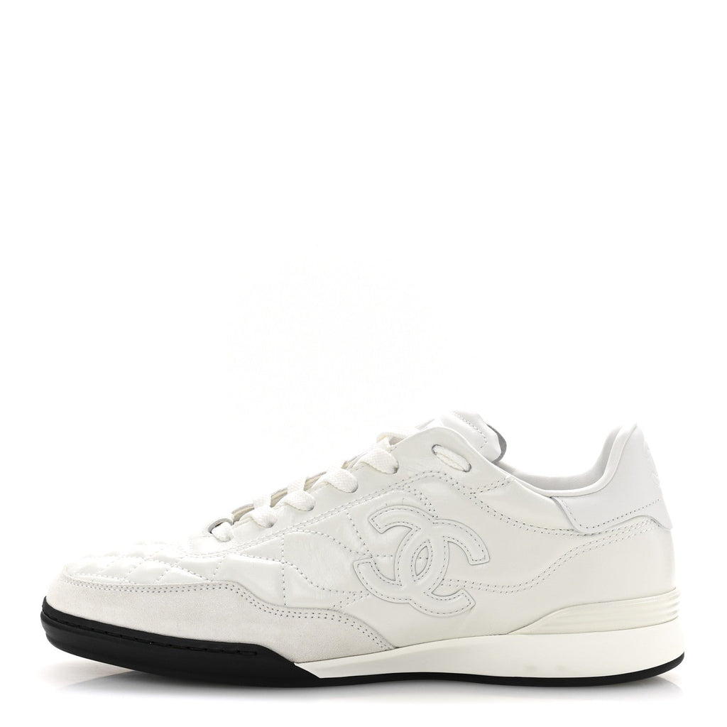 Shiny Calfskin Suede Quilted CC Logo Sneakers 37 White