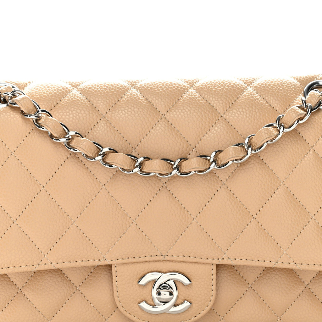Caviar Quilted Medium Double Flap Beige