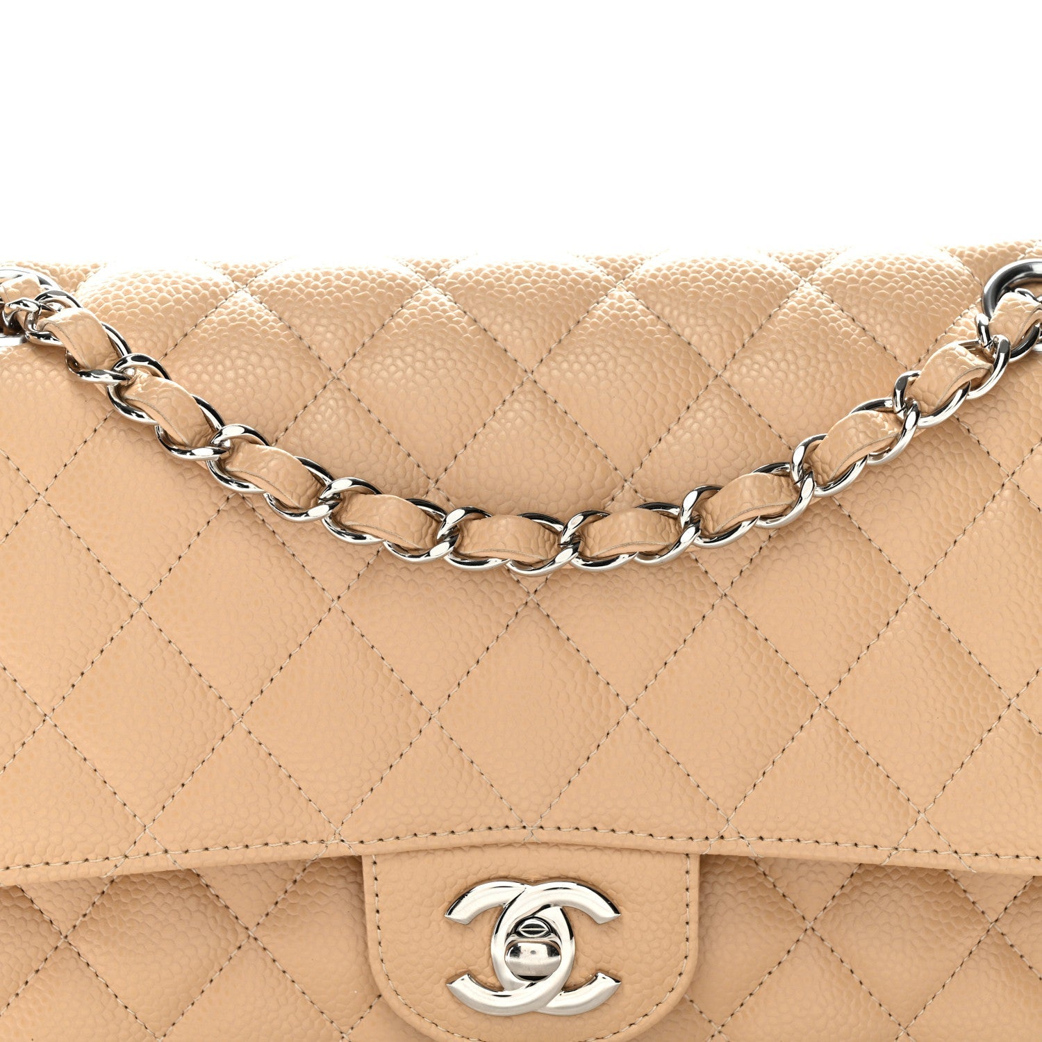 Caviar Quilted Medium Double Flap Beige
