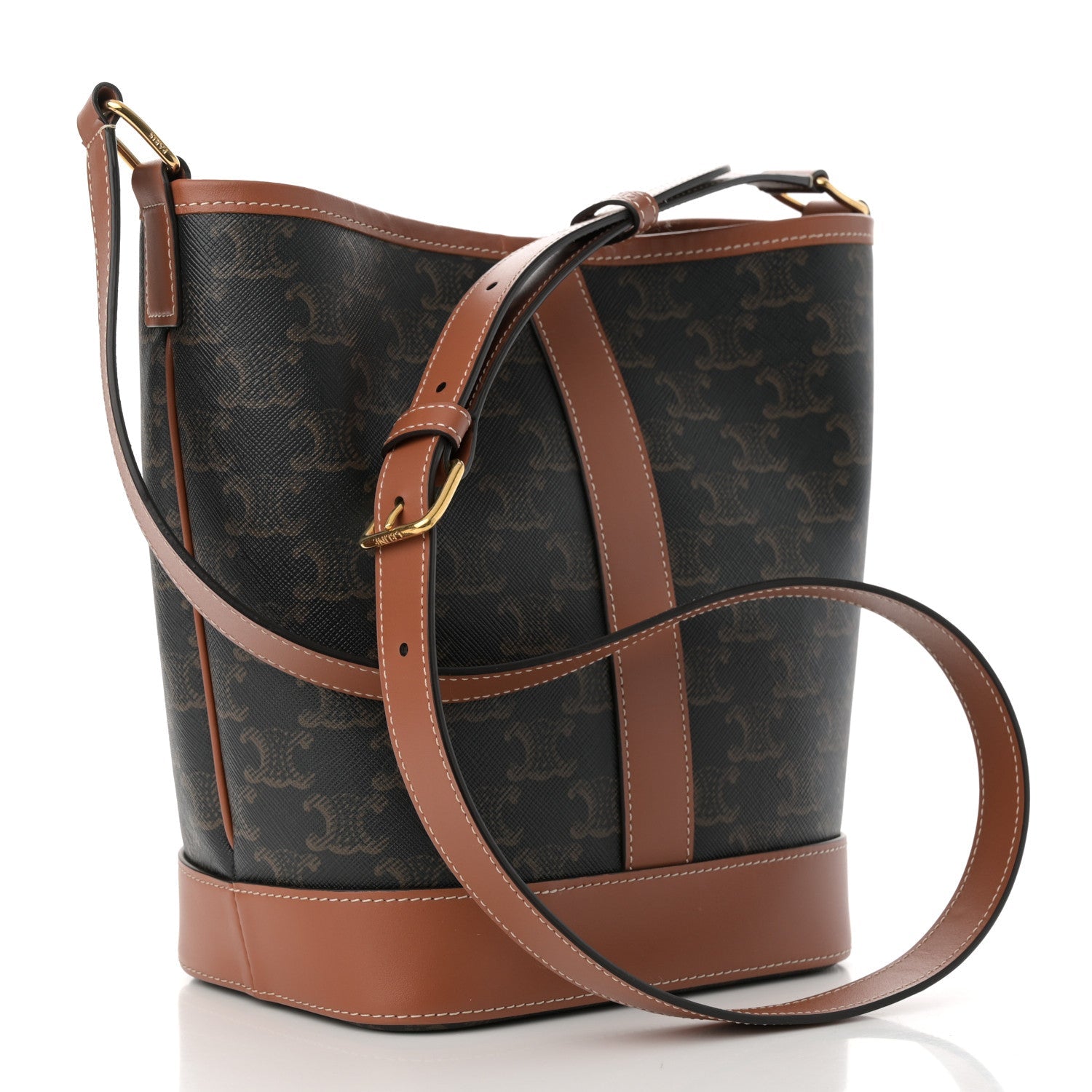 Triomphe Canvas Calfskin Small Bucket Bag Tan