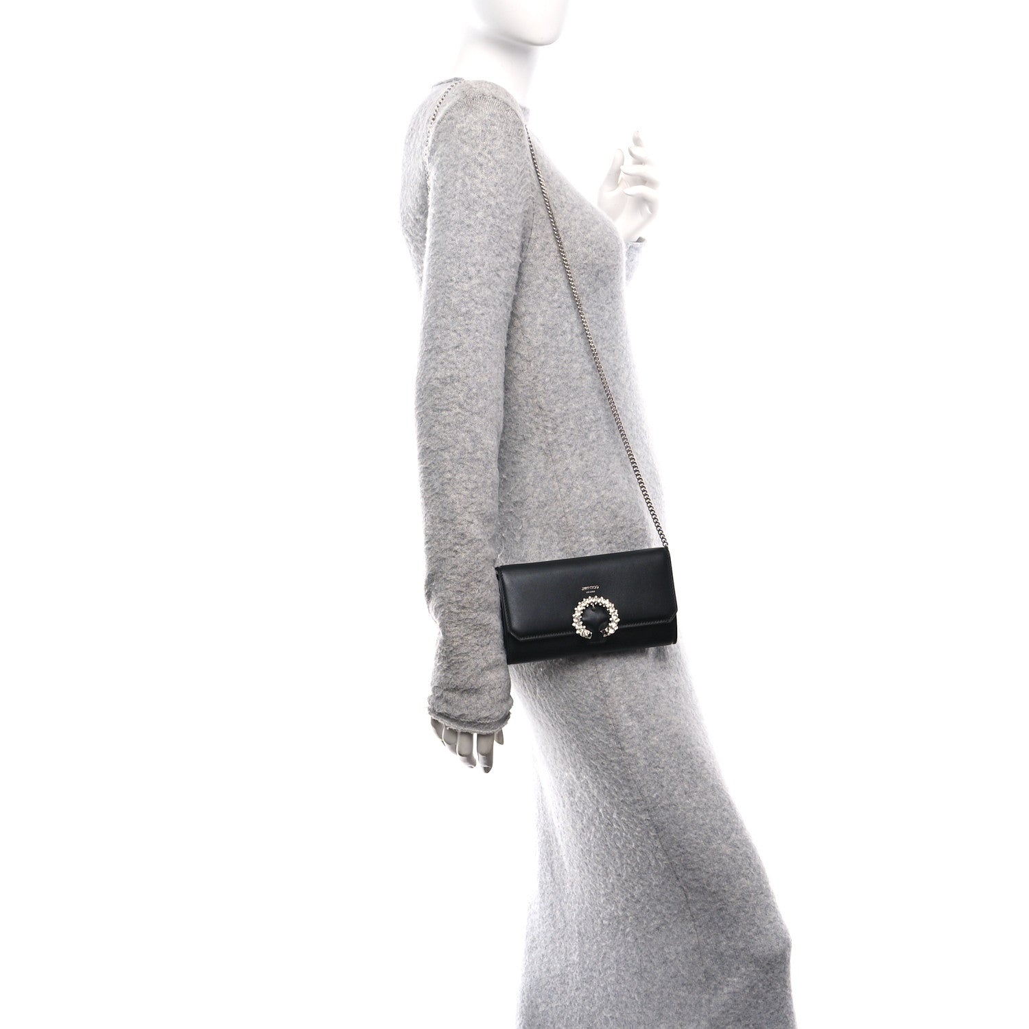 Smooth Calfskin Crystal Embellished Chain Wallet Black