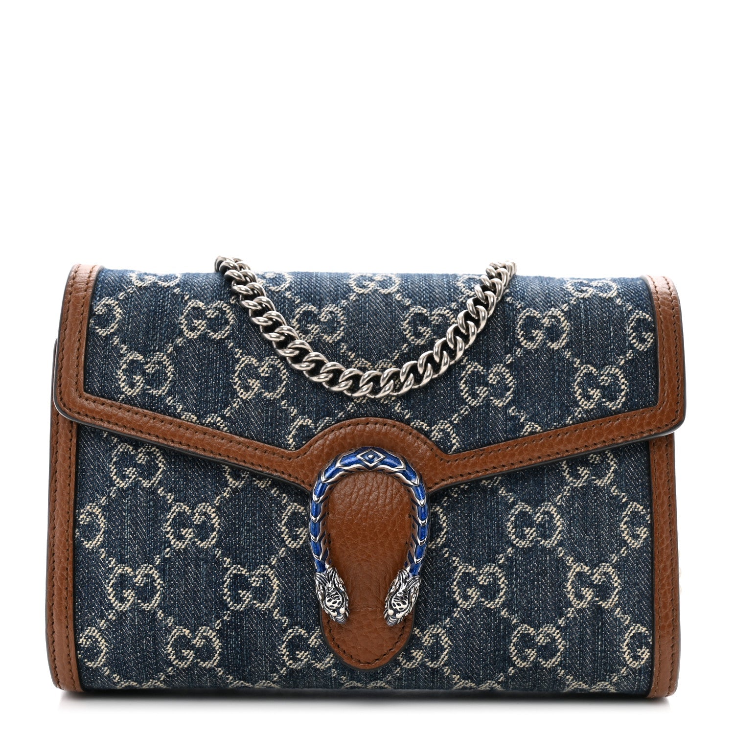New Denim GG Monogram Dollar Calfskin Enamel Mini Dionysus Chain Wallet Blue Tea Cuir Epilog Electric Blue