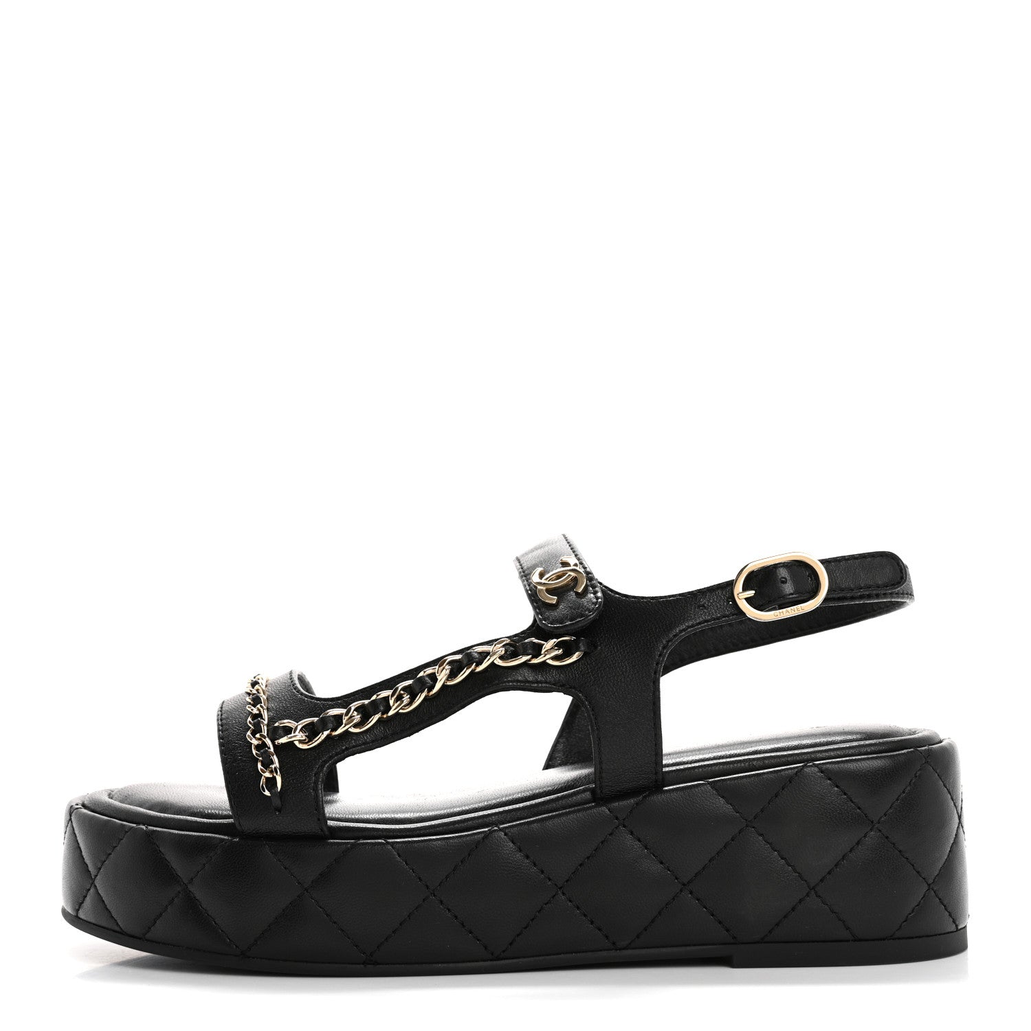 Lambskin Quilted Chain CC Platform Sandals 37.5 Black