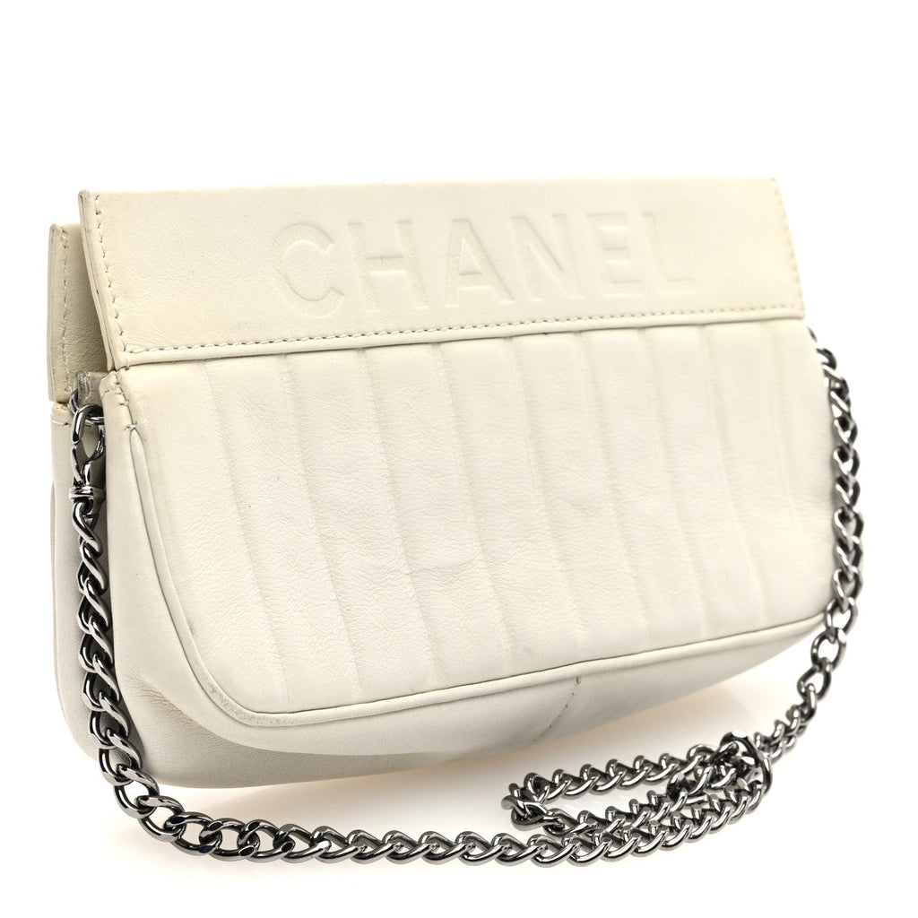 Calfskin Vertical Quilted Lax Clutch With Chain Off White