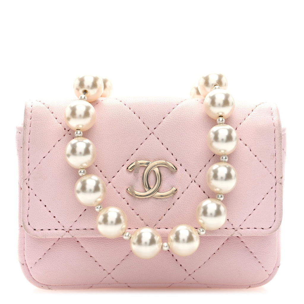 Lambskin Quilted Pearl Chain Belt Bag Light Pink