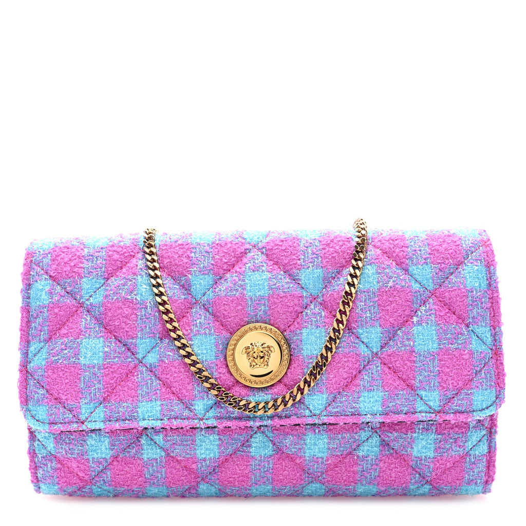 Tweed Quilted Medusa Wallet on Chain Crossbody Pink Blue