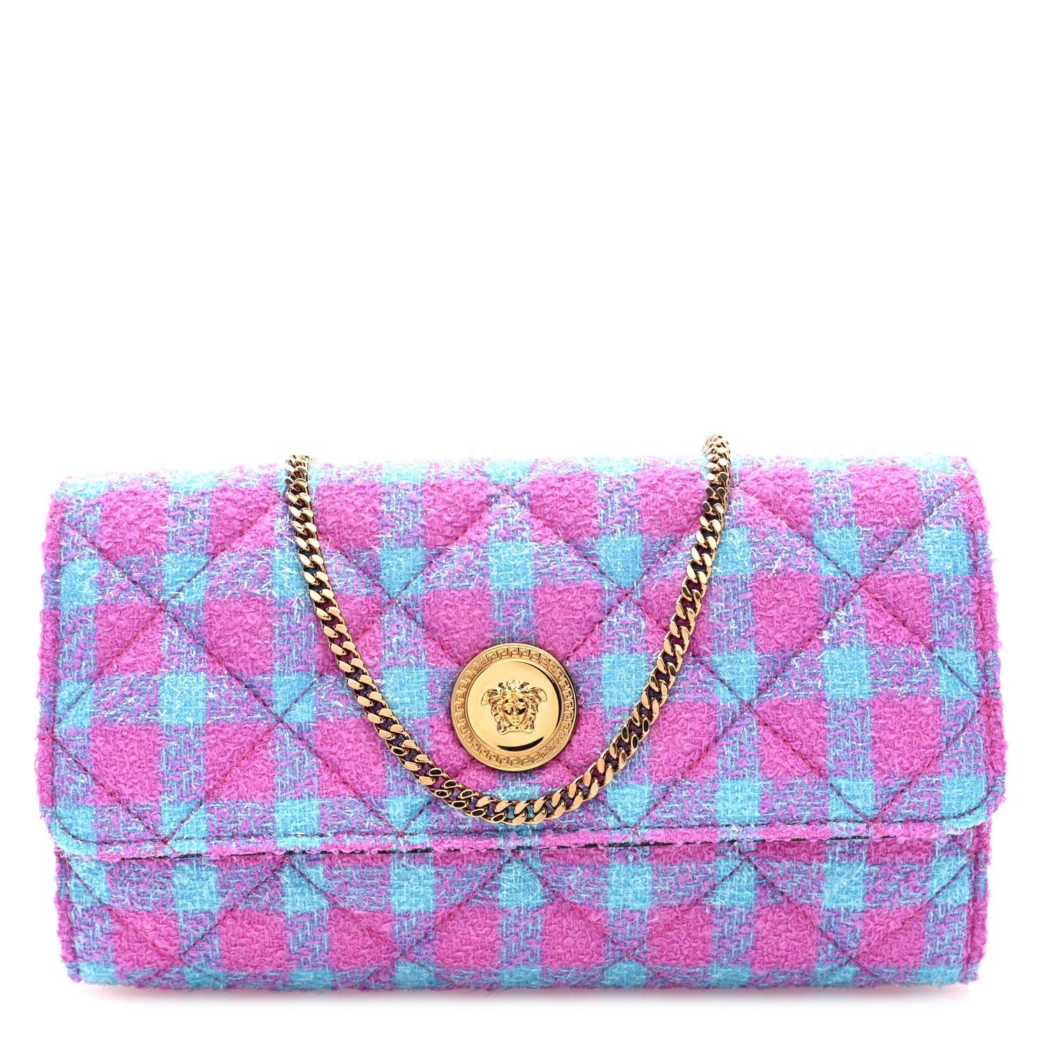 Tweed Quilted Medusa Wallet on Chain Crossbody Pink Blue