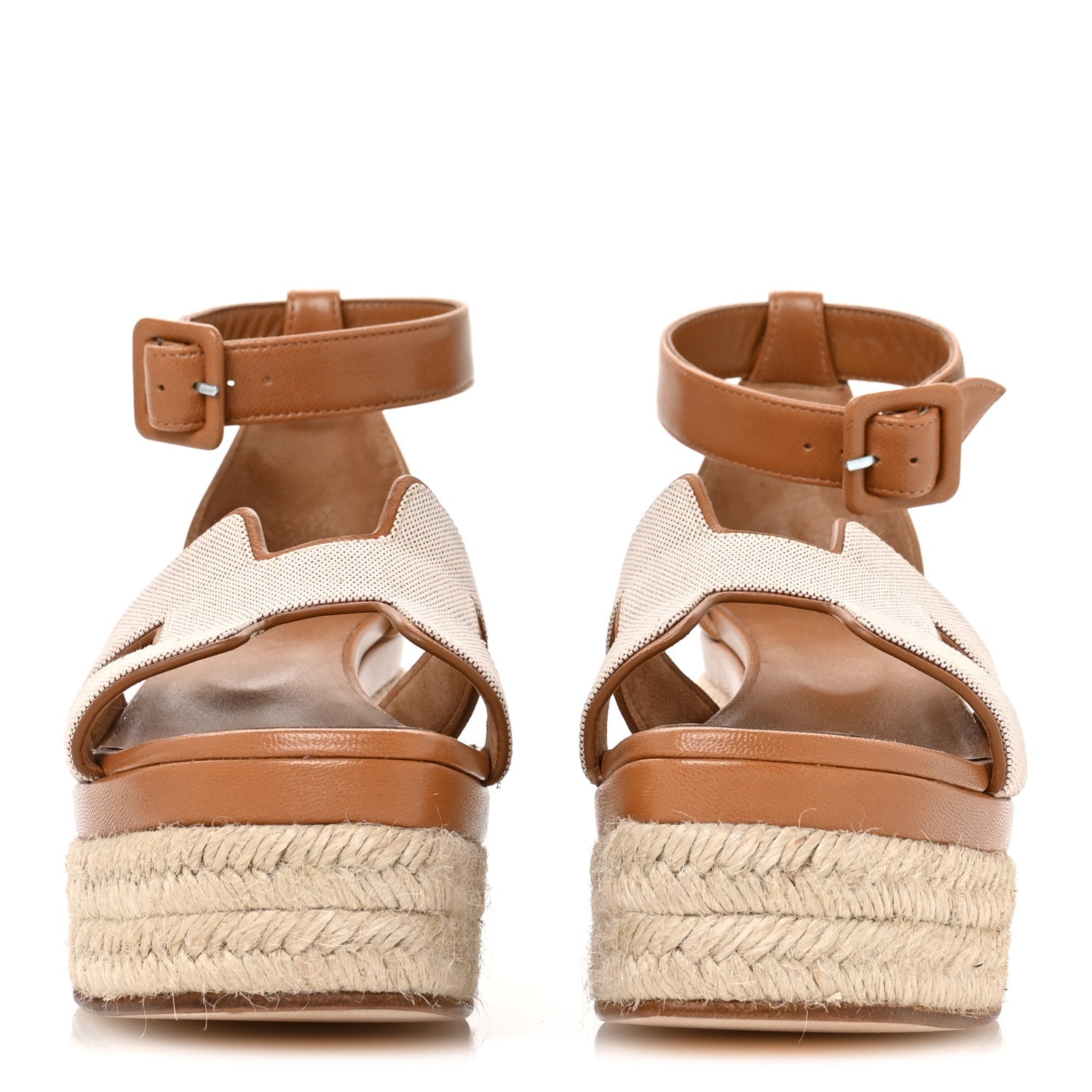H Canvas Goatskin Elda Espadrille Wedge Sandals 36 Noisette Natural