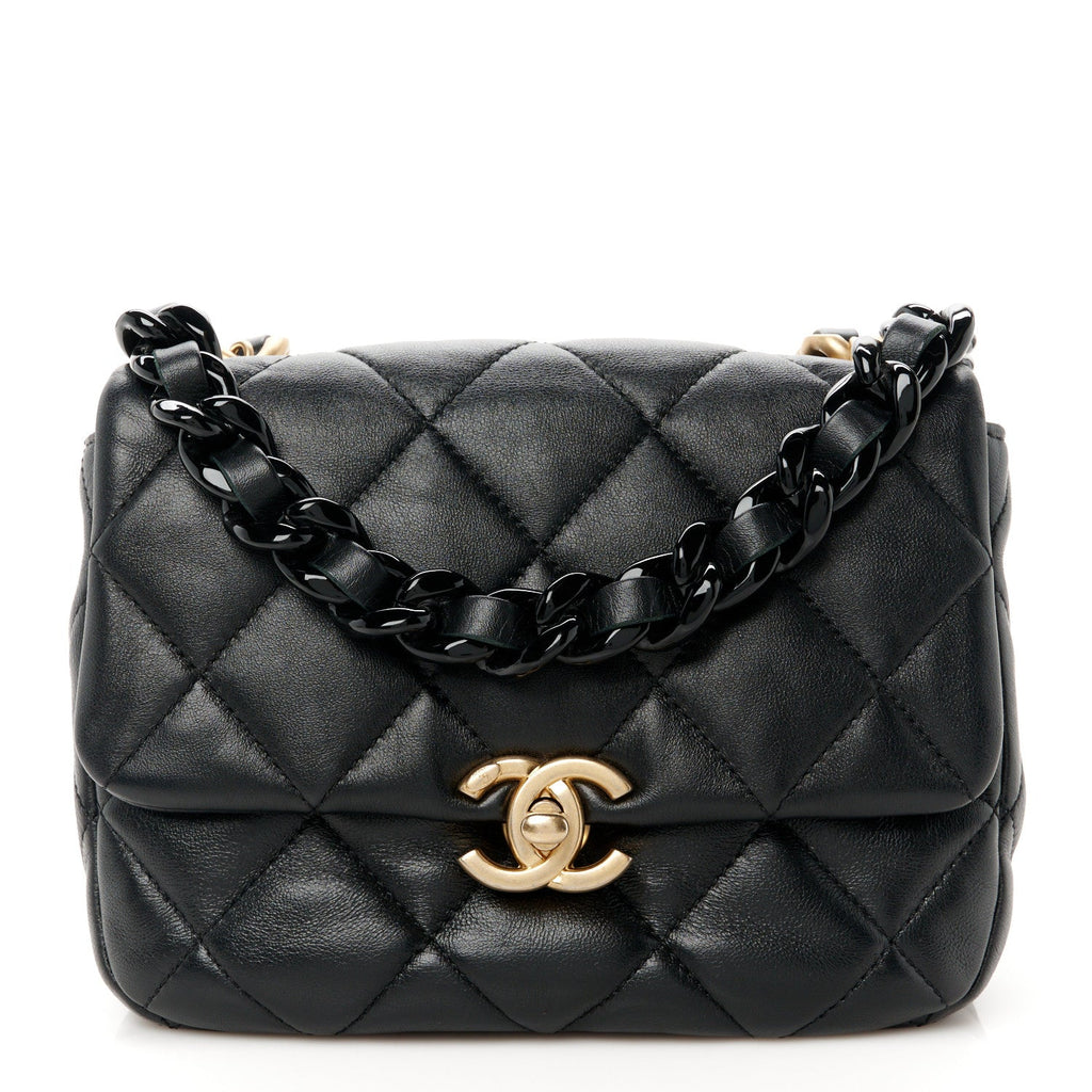 Lambskin Quilted Mini Lacquered Chain Flap Black