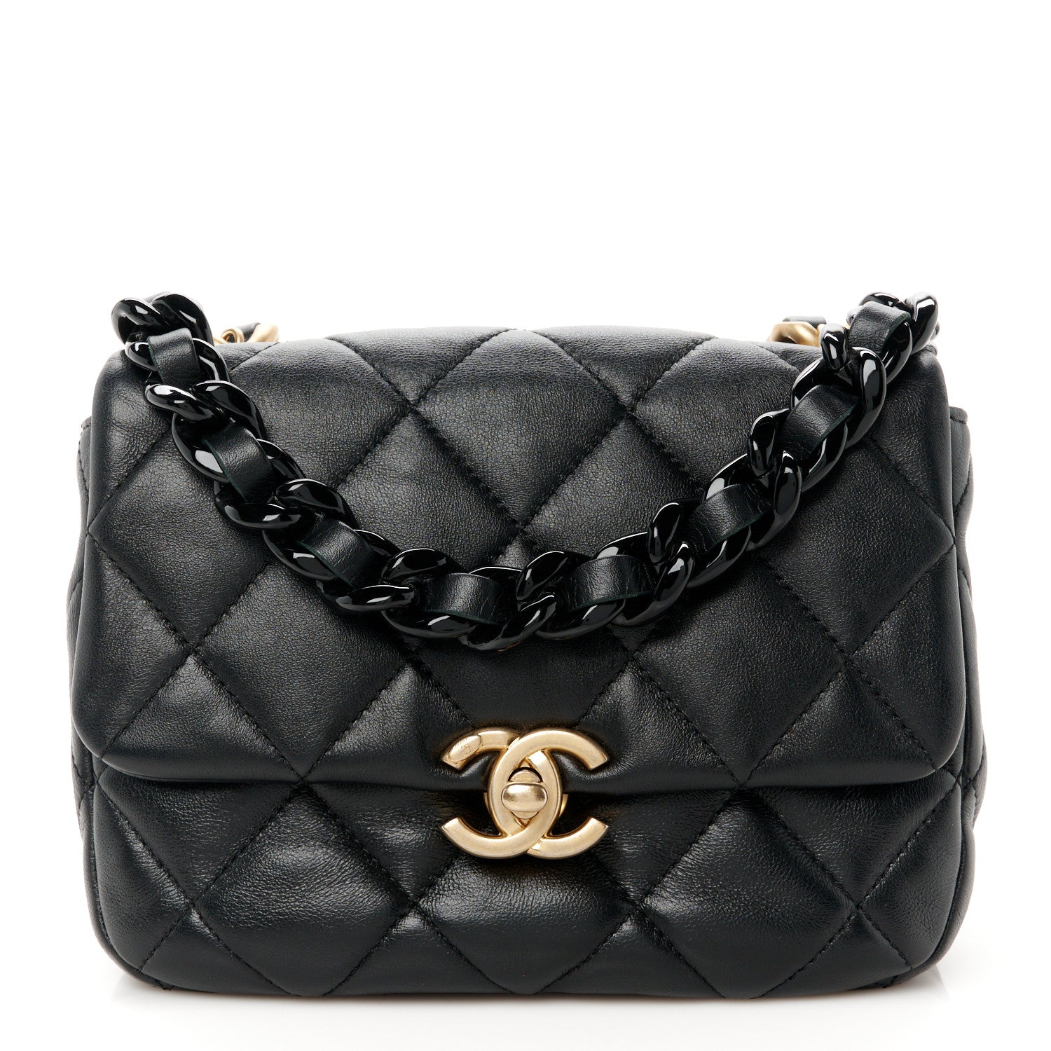 Lambskin Quilted Mini Lacquered Chain Flap Black